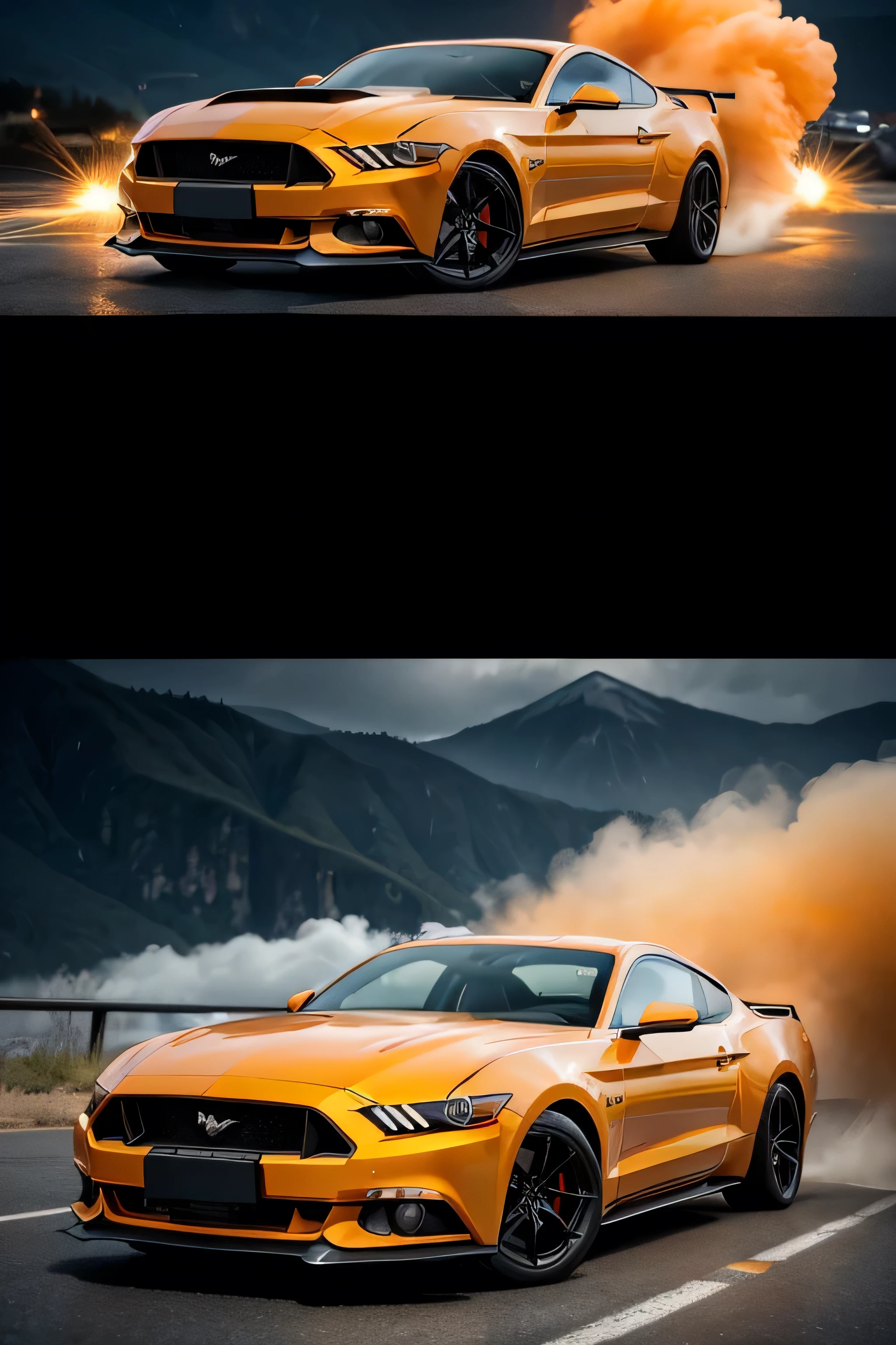 quality\(8k,extremely detailed CG unit wallpaper, Masterpiece artwork,high resolution,top-quality,top-quality real texture skin,hyperrealisti,Increase the resolution,RAW Photos,melhor quality,highy detailed,cinematic lighting,ray tracing,golden ratio\), BREAK , Mustang car in orange color on an asphalt,splash,smoke, lights, orange neon, blur and sharpen.