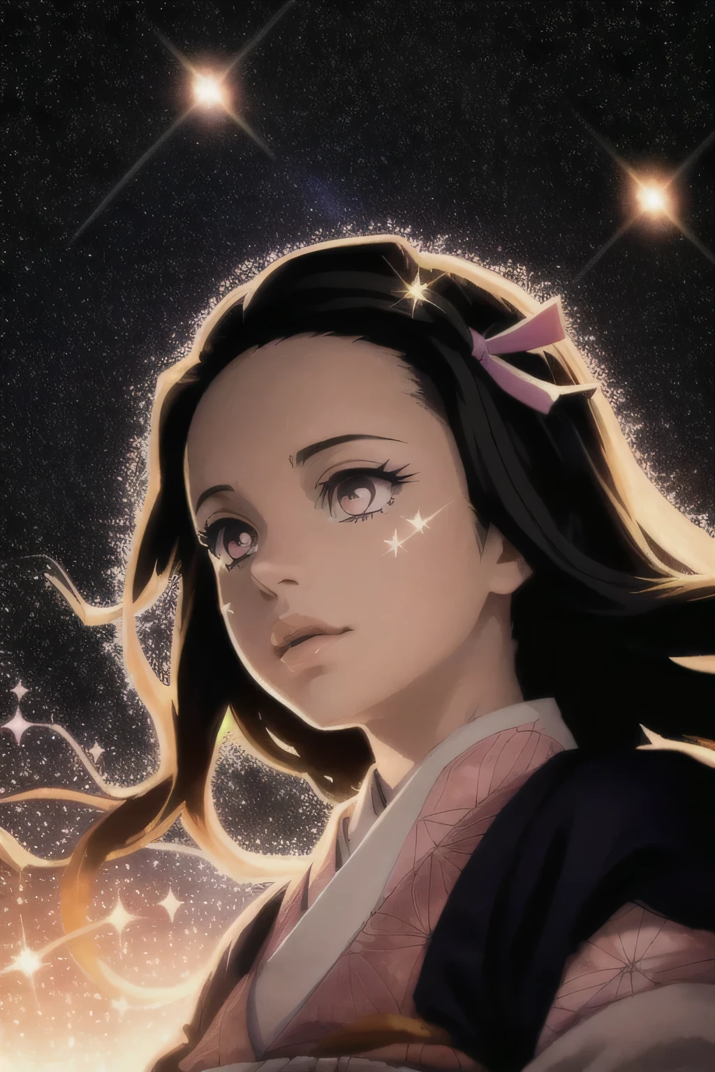 Nezuko kamado from demon slayer. 1girl, iridescence, dramatic angle, space, (floating colorful sparkles:1.3), Dramatic Lighting, Chiaroscuro, Evocative Depth. Portrait.