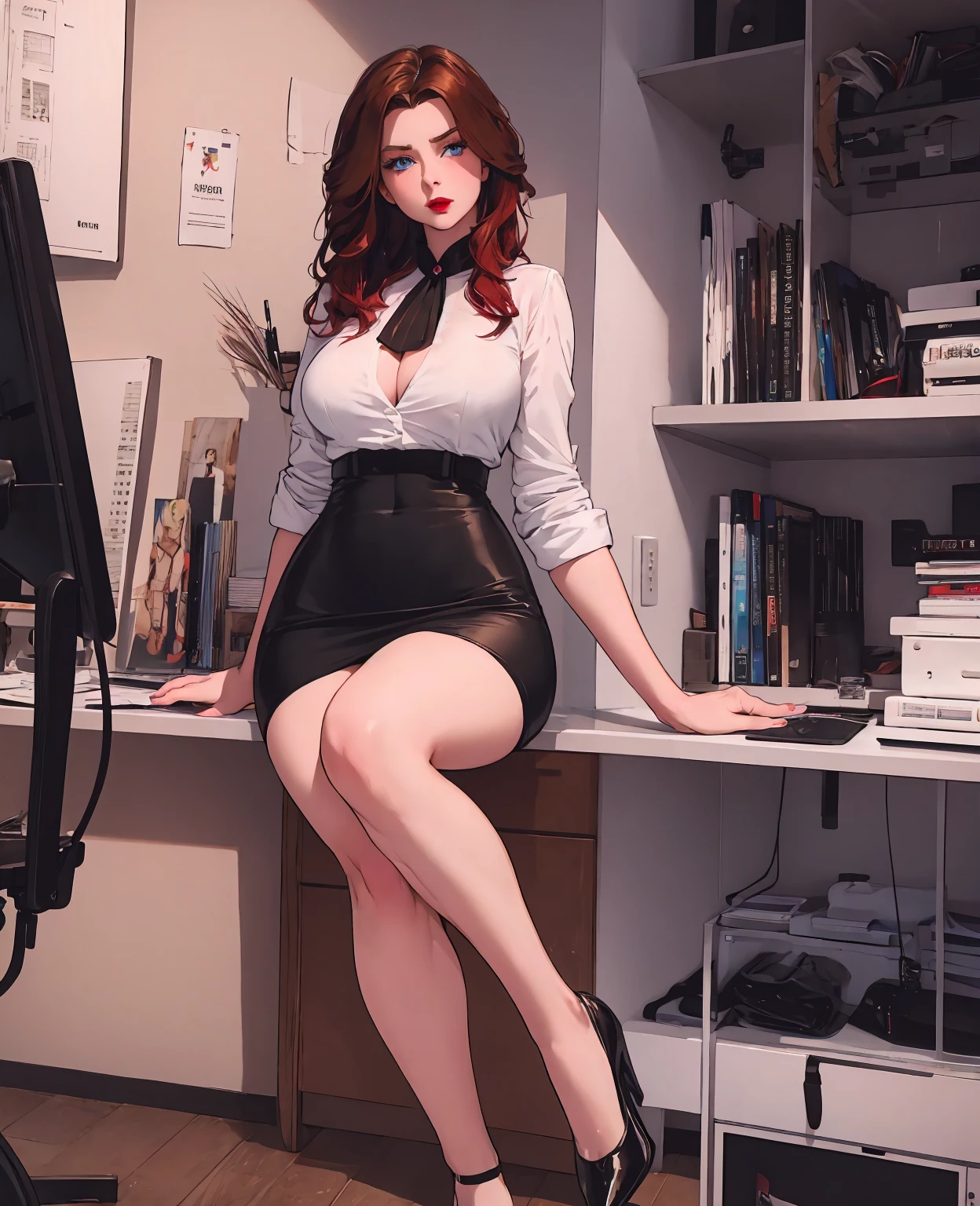 white office lady, mature woman, milf, tall, short dark red hair, seductive hairstyle, elegant hair, freckles, red lips, makeup, red lipstick, perfect nose, slim face, naughty smirk, blushing, orgasm face, erotic high detailed grey eyes, pale skin, oily, shiny skin, black skirt, black stockings, high heels, upskirt, no panties, no shirt, topless, exhausted, sweaty, wet, nipples, spread legs, perky breast, sweat, orgasming, ecstacy, dripping wet pussy, exposed , nipples, dripping pussy, pink nipples, pink shaved pussy, wet, well detailed, with lights and shadows, medium dramatic lighting, detailed, high quality, high resolution, high saturation, aesthetic, depth, shading, ((arms behind back) ), professional dslr, in colour, (shallow depth of field) , (((detailed face) )), ((detailed) ), ((high resolution) ), ((dramatic lighting) ), contrast, vibrant color, volumetric lighting, hd, cubicle, office, sitting table, looking at viewer, lying in desk, office stuff, messy office desk, window, sunlight, legs spread, (((open, visible, perfect, asshole, pussy) )), (eye contact) , (orgasm face)