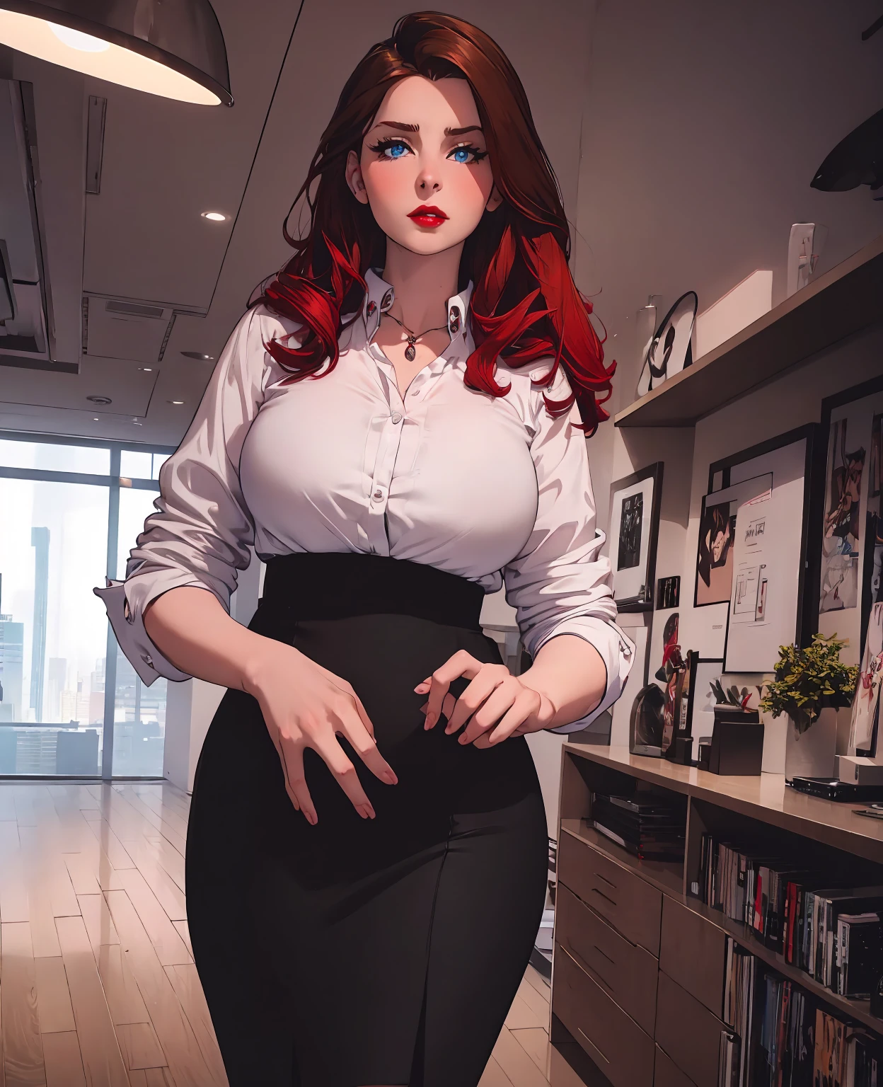 a beautiful woman with long brown hair, blue eyes, and red lips, wearing a tight black pencil skirt, white blouse, and black high heels, elegant secretary pose, professional office setting, high quality, photorealistic, 8k, masterpiece, hyper detailed, warm lighting, cinematic composition, fashion photography style