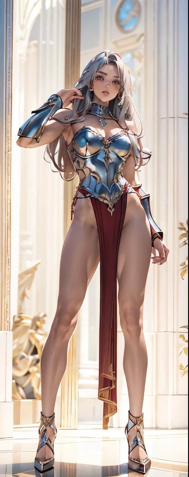 A gorgeous and stunning female warrior/hero. Beautiful and innocent looking, tall, statuesque, imposing, towering, maroon and silver outfit, Silver metal details, muscular thighs and legs, toned body,  Fancy high detail combat shoes. perfect eyes, perfect lips, long fingers,  supermodel. Toned fit legs slightly muscular. Combat armor shoes
