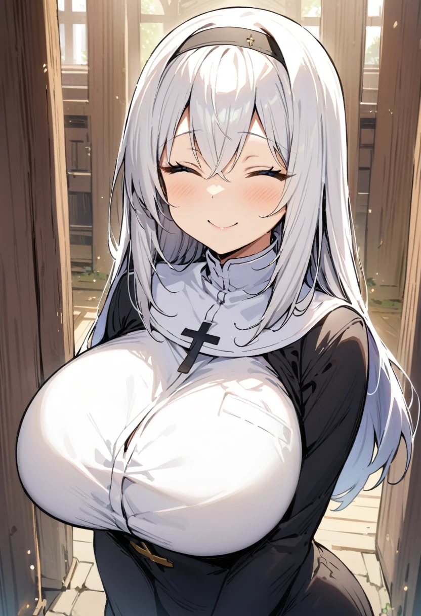((Best Quality)), ((masterpiece)), (detailed), 1 girl, long white hair, blue eyes, closed eyes, big breasts, big thighs, smiling expression, white nun with yellow, in a temple