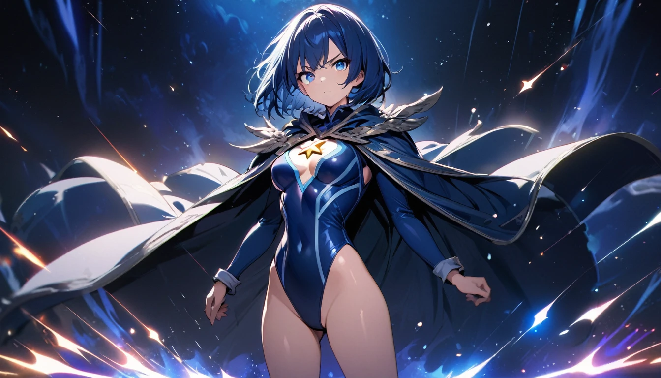 masterpiece, best quality, 1girl, superhero, leotard, dark blue leotard, long sleeves, shoulder-length cape, bare legs, boots, dark blue boots, matching boots, medium breasts, diffraction spikes, light particles, aura, blue aura, standing, standing straight, space backdrop, blue hair, ((short hair, bob hair)), blue eyes, beautiful detailed eyes, beautiful detailed face, cute face, heroic, ((star symbol on the chest)), serious, full body with costume, full body, cowboy shot