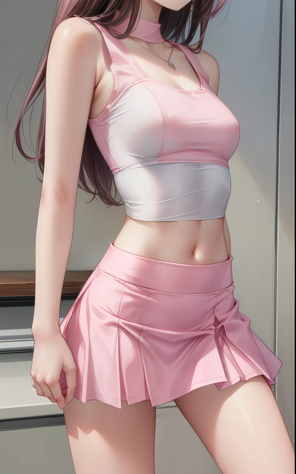 a close up of a woman in a pink skirt and white tank top, pink tight mini-skirt, pink mini-skirt, pink skirt, wearing tight simple clothes, wearing a cute top, tight outfit, wearing a tanktop and skirt, 2 4 year old female model, wearing crop top, wearing crop top and miniskirt, photo of slim girl