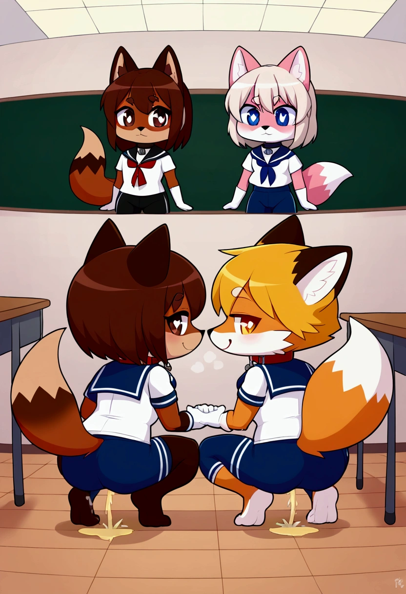 2girls, fox and tanuki, furry, bodyfur, tail, collar, sailor suit, short sleeves, jersey pants, long pants, white gloves, snow gloves, barefeet, chibi, sparkling eyes, full body, classroom, school, squatting, looking back, fart, peeing