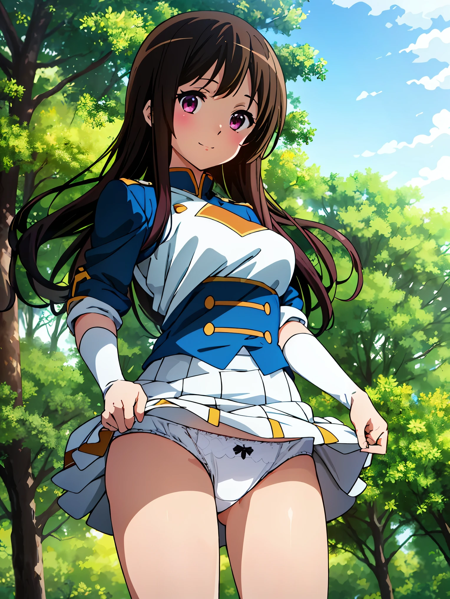 White lace panties,Skirt Lift,Anime girl in uniform posing in the forest with her panties open, | Anime with attention to detail, Smooth anime CG art, Also, Beautiful and detailed anime art, honest Shinka, Official high detail art, honest, Official artwork, Official artwork, Very detailed fan art, I also make fan art, Zerochan Art, Anime Cover, Enchanting anime girl, ,(((White underwear with decoration))), Contempt, Contempt的な, (Perfect hands, Perfect Anatomy), I'm smiling at you、