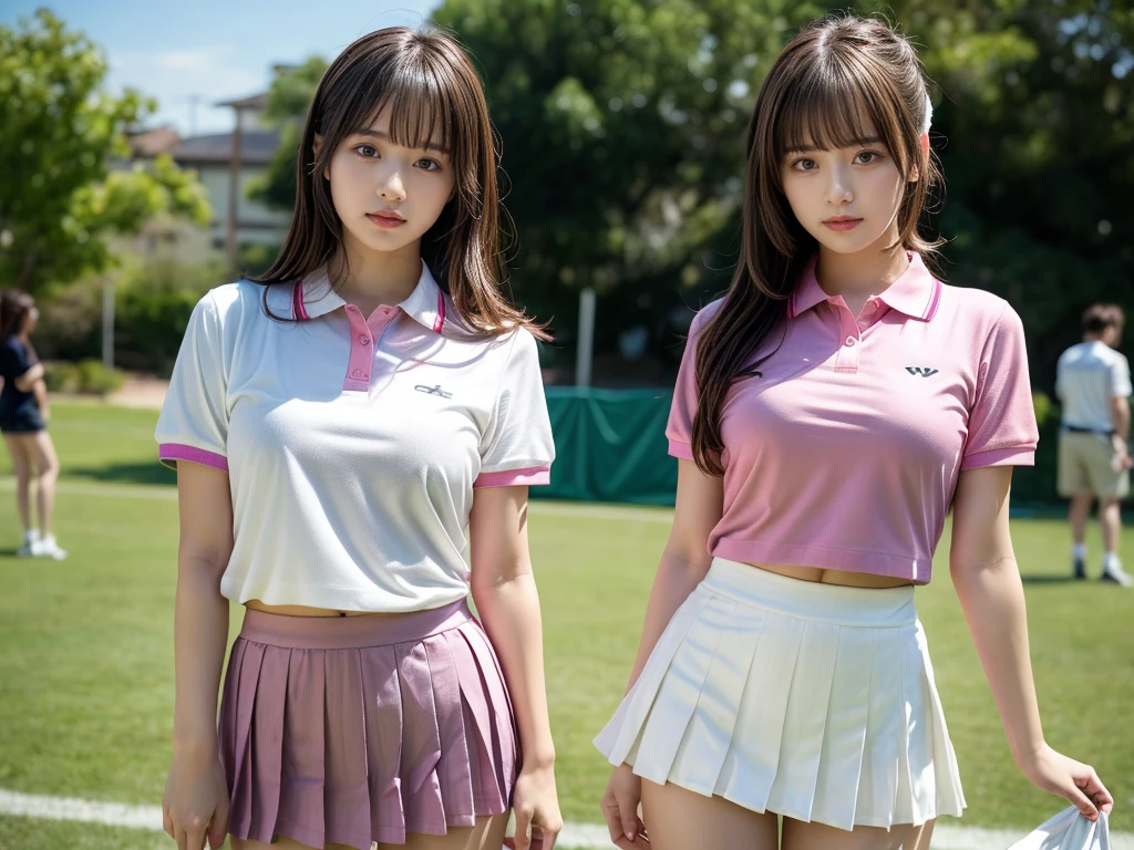 masterpiece, best quality, illustration, Super detailed, fine details, High resolution, 8K,wall paper, perfect dynamic composition,(Details High quality, realistic depiction of eyes:1.3), (2 girls), BREAK (white theme:1.4), (tucked-out short sleeve white polo shirt:1.4), (pink lines on tops outline:1.3), (pure white pleated mini skirt:1.3), (hem of top covers top half of skirt:1.3), (pink fluffy scrunchie on wrist:1.3), (white and pink sports shoes:1.2), short bob hair, (large breasts:1.2), plumpy body, black hair color, Big Natural Color Lip, (perfect body shape), crying a little、Harajuku style、20 year old girl、cute type、beautiful legs, Gravure Idol