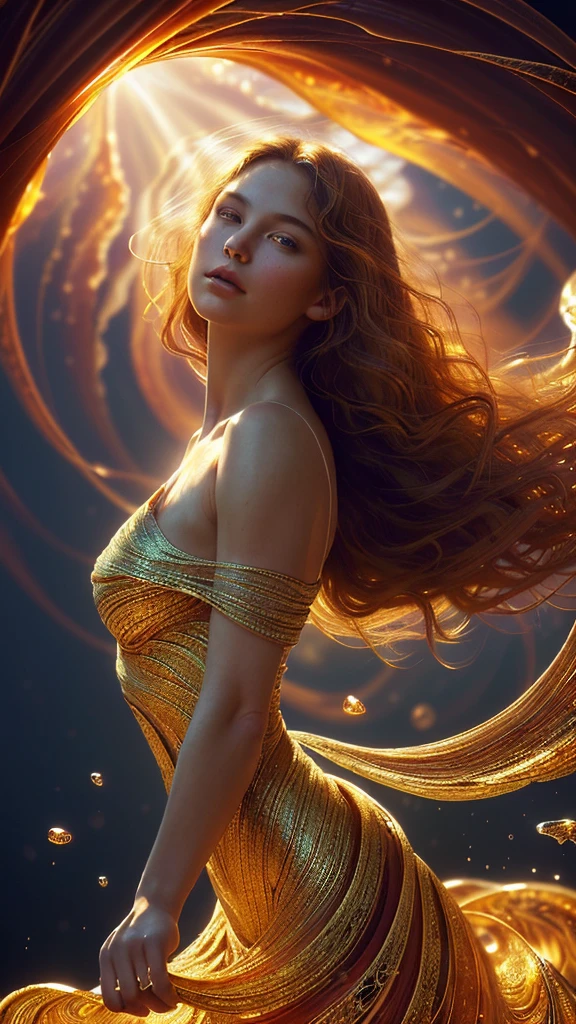 At the center of the illustration stands a captivating White French female figure, embodying strength and grace. Her upright posture commands attention. Cascading waves of hair, like molten gold, spill over her shoulders, shimmering with an inner light. Her sun-kissed skin glows with radiant warmth, contrasting beautifully against the vibrant, swirling backdrop. The abstract background pulses with life, deep crimson blending into warm amber and cool indigo, creating a dynamic tapestry. Soft yet dramatic lighting casts gentle highlights across her features, accentuating her cheek and neck. Shadows enhance the ethereal quality of the scene. The composition draws the eye inward, with the figure at the heart, surrounded by vibrant colors, creating a harmonious, dreamlike balance. The perspective invites the viewer to step closer, to lose themselves in the intricate details. Textured brush strokes and luminous gradients enhance the enchanting atmosphere, making the scene resonate with wonder and allure.