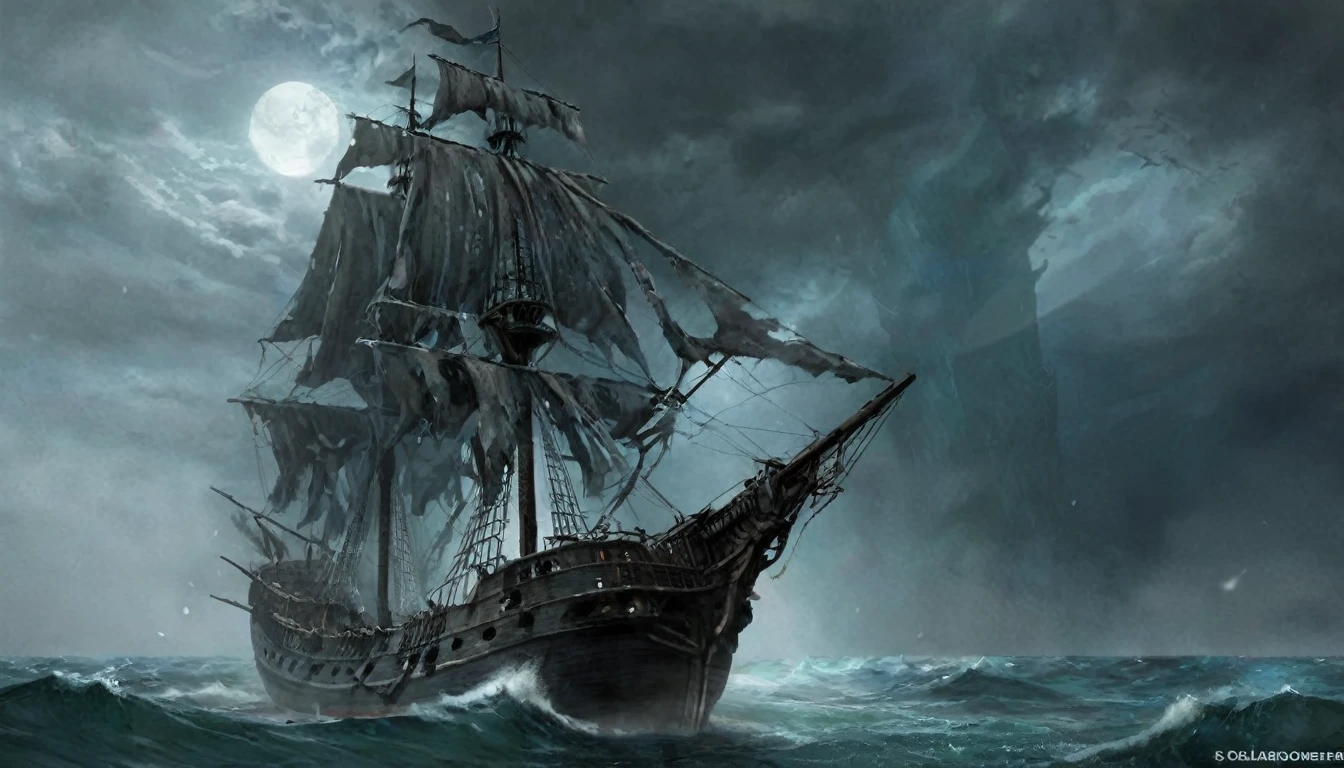 As a ghost ship, the Silent Mary was more like a wreck than a working ship.  It looked worrisome because the sails were torn, but sailed at a godless speed, and the hull almost rotted up to resemble a large floating thoracic cage. Dark clouds gathered behind the ship, although the rest of the sky was clear.  Salazar’s ship was like a sea monster, from which no pirate ship could escape, for its hull opened up like the mouth of a huge beast, then tearing its prey and drowning it.
By the time the Silent Mary became a ghost ship, the gangways and their guardrails collapsed in several places and were no longer usable, forcing the crew of the ship to cross directly to the main deck. The ship’s prow, located under the beaupré, showed a woman holding a spear. Like many other Spanish ships of the time, the Silent Mary had a Howler-Billed mast at the end of the Beaupré.
With her keel, bottom and lower decks almost entirely destroyed, her exposed members to the weather and many boards broken or missing, her sails in rags and all her mast broken, the Silent Mary was no more than a wreck. Under normal circumstances, any ship with such extensive damage would sink when it hits the water. However, defying the laws of physics, the Silent Mary continued to sail like a normal ship in sailing condition, even though it was more of a skeleton than a ship. Now a terrifying specter, she has become the main tool of Salazar’s revenge. Using his magic, Salazar could easily bend the bow of the ship to the rear and open the ship’s girders like the jaws of a giant sea monster. He then crushed the Silent Mary on the deck of an enemy ship, breaking it in half, while the Silent Mary, protected by Salazar’s magic, and despite its decrepit appearance, was apparently indestructible. Another aspect of the ship’s hull that could be transformed by Salazar’s will was the ability to animate the figurehead into a living, massive and apparently sensitive wooden monster that attacked enemies.