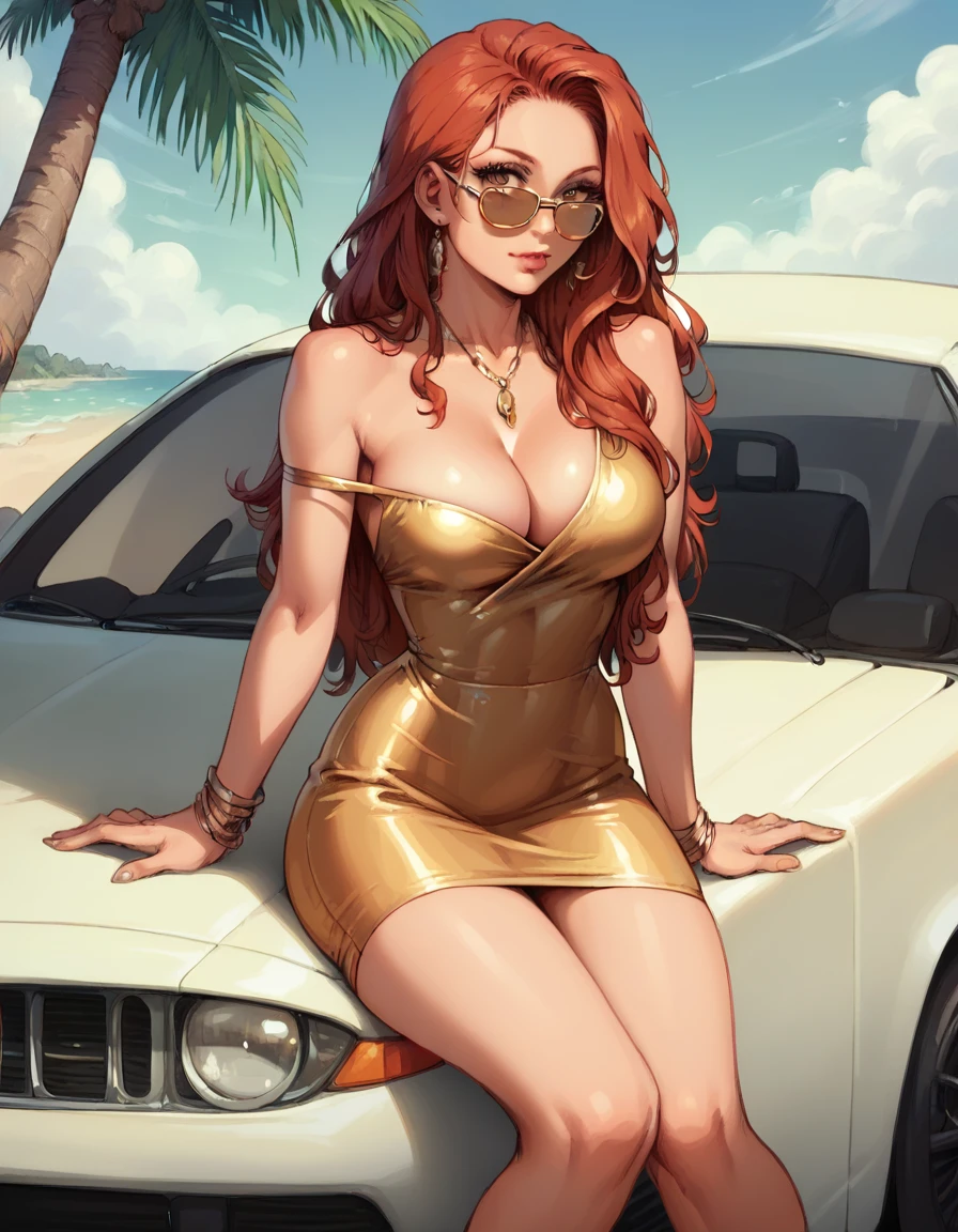 (1 girl, solo, (sexy sit over a car's trunk) ), (girl is (redhead long hair), perfect body, detailed olive eyes, sunglasses, (one shoulder gold mini dress, cleavage):1.1), (background palm, tropical weather)