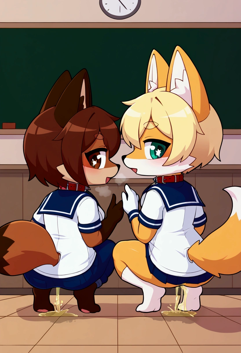 2girls, fox and tanuki, furry, bodyfur, tail, collar, sailor suit, short sleeves, jersey pants, long pants, white gloves, snow gloves, barefeet, chibi, sparkling eyes, full body, classroom, school, squatting, looking back, fart, peeing