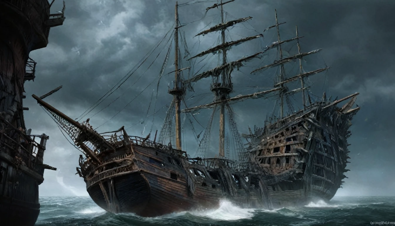 As a ghost ship, the Silent Mary was more like a wreck than a working ship.  It looked worrisome because the sails were torn, but sailed at a godless speed, and the hull almost rotted up to resemble a large floating thoracic cage. Dark clouds gathered behind the ship, although the rest of the sky was clear.  Salazar’s ship was like a sea monster, from which no pirate ship could escape, for its hull opened up like the mouth of a huge beast, then tearing its prey and drowning it.
By the time the Silent Mary became a ghost ship, the gangways and their guardrails collapsed in several places and were no longer usable, forcing the crew of the ship to cross directly to the main deck. The ship’s prow, located under the beaupré, showed a woman holding a spear. Like many other Spanish ships of the time, the Silent Mary had a Howler-Billed mast at the end of the Beaupré.
With her keel, bottom and lower decks almost entirely destroyed, her exposed members to the weather and many boards broken or missing, her sails in rags and all her mast broken, the Silent Mary was no more than a wreck. Under normal circumstances, any ship with such extensive damage would sink when it hits the water. However, defying the laws of physics, the Silent Mary continued to sail like a normal ship in sailing condition, even though it was more of a skeleton than a ship. Now a terrifying specter, she has become the main tool of Salazar’s revenge. Using his magic, Salazar could easily bend the bow of the ship to the rear and open the ship’s girders like the jaws of a giant sea monster. He then crushed the Silent Mary on the deck of an enemy ship, breaking it in half, while the Silent Mary, protected by Salazar’s magic, and despite its decrepit appearance, was apparently indestructible. Another aspect of the ship’s hull that could be transformed by Salazar’s will was the ability to animate the figurehead into a living, massive and apparently sensitive wooden monster that attacked enemies.