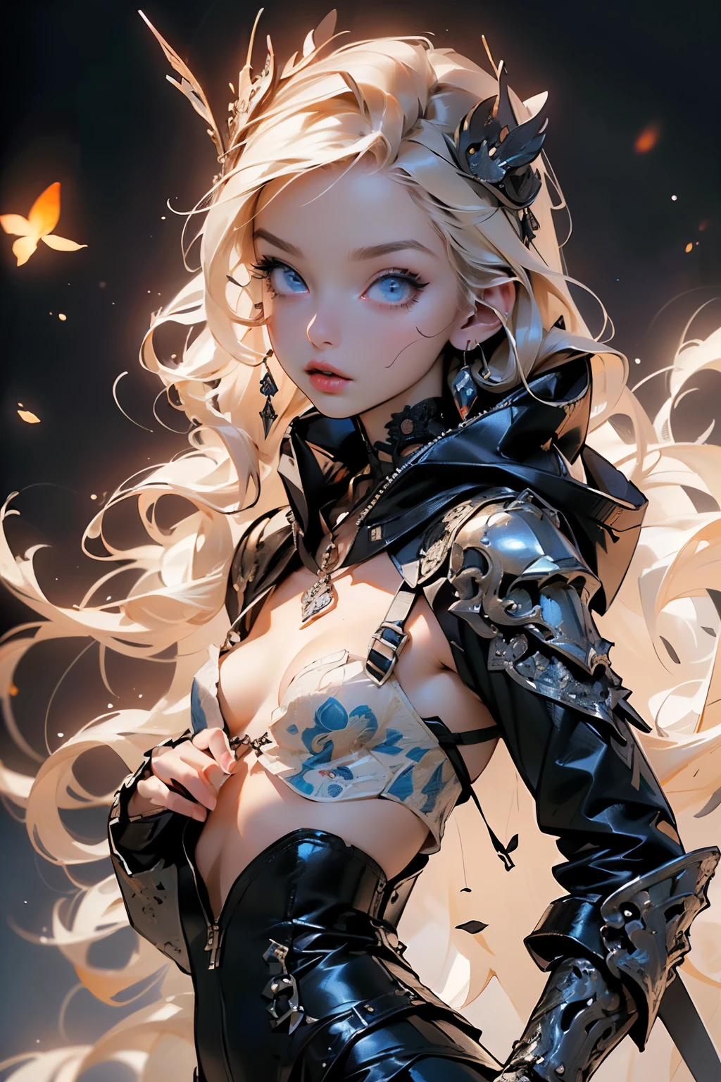 (((masterpiece, of the highest quality, super detailed))), (a female knight of an occult order), ((((a sword with a digital glitch-like effect to the blade as though it is rapidly flickering in and out of reality, with a very slight warping effect around it similar to gravitational lensing, is floating next to her)))), Edwardian/Victorian era inspired, ((minimal but intricate beautiful armour)), Fluttering lace flared dress with frilly petticoats, ((((Highly detailed face))), (((Very sharp focused eyes))), very long eyelashes, small breasts, (((flat chest:1.1))), occult aesthetic, (red and white clothing detailed and intricate steampunk and detailed gothic), (with a hood), complex lace boots