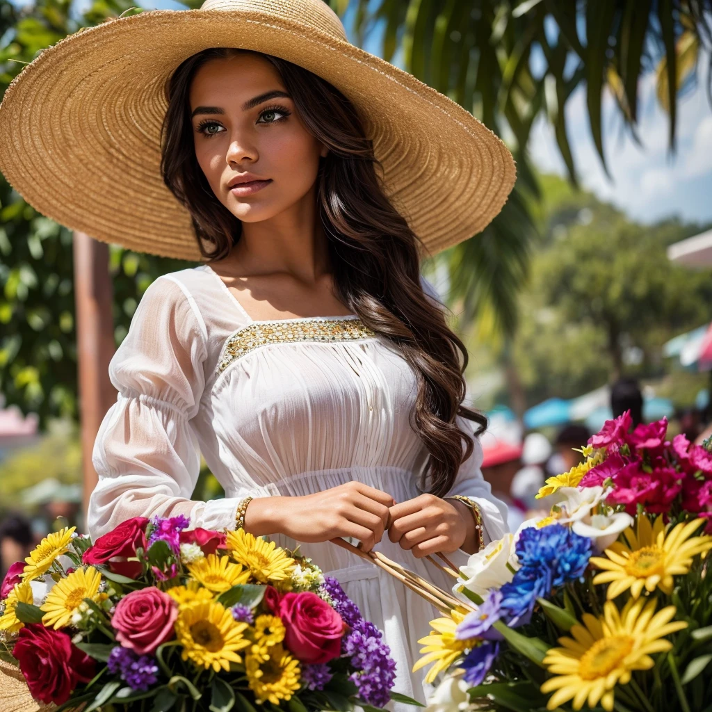 Generates an image of a beautiful 26-year-old woman of European and Latin origin staring into the camera. His eyes are blue and deep, has full lips, tanned white skin. Her hair is long, Wavy, dark brown with golden highlights. Your traditional Colombian attire. The woman is wearing a white blouse and a typical Colombian hat made of straw..  Next to her there is an elaborate and vibrant floral arrangement during a cultural festival.. The flowers are a mix of reds, yellow, bright blues and pinks, densely arranged to form a large, circular display, representing a typical scene of the Silleteros Parade in Medellín, colombia
