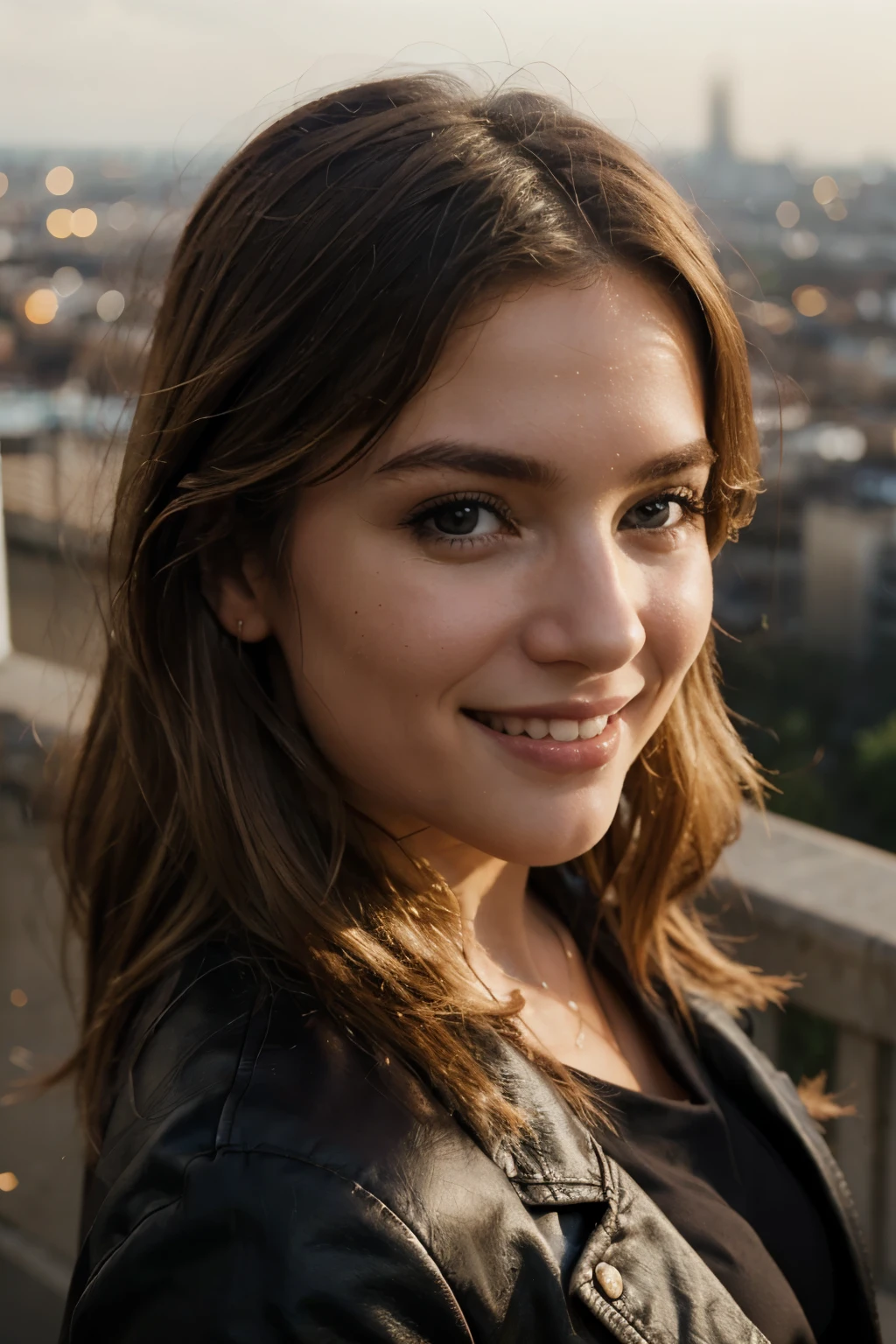 realistic babe, blondie, smile, portrait, débardeur noire, Brown eyes, magnifique, city background, ultra realistic