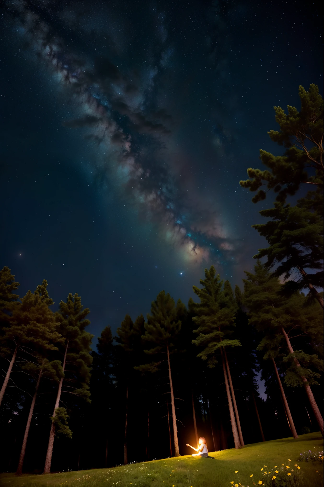 a girl on top of a hill, starry sky, view from below, flowering grass and trees,
