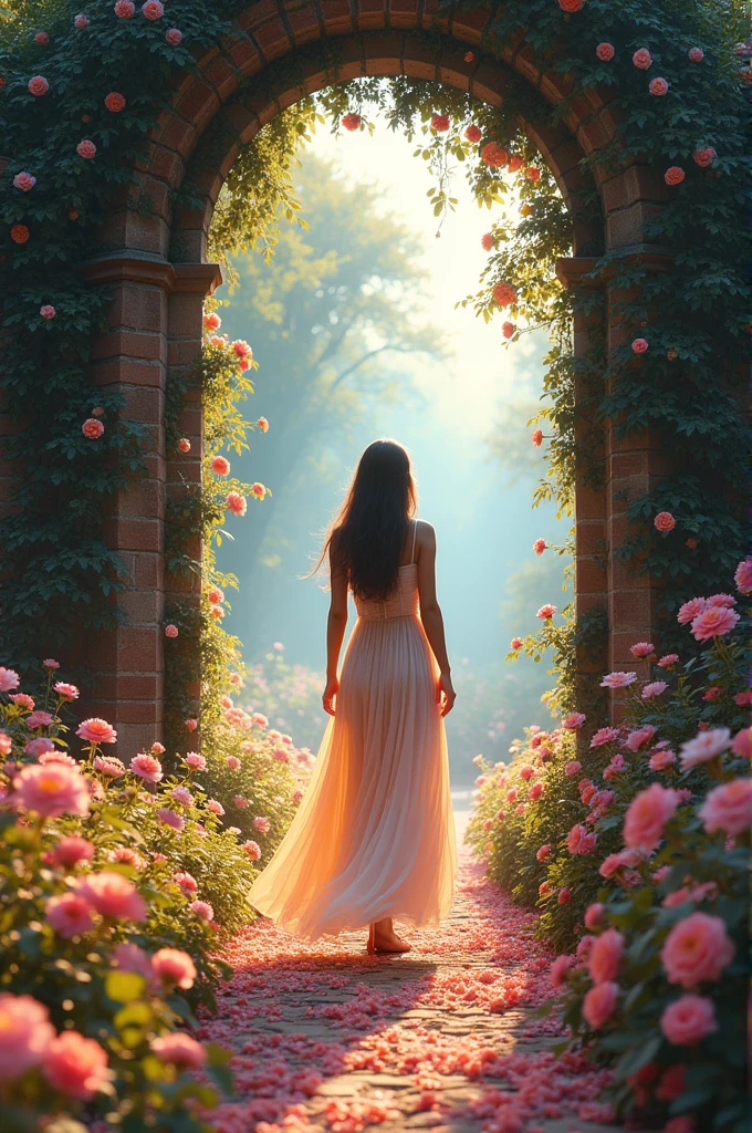 Scene 1: Arrival at the Garden Description:
Come on, with a light and fluid dress, walks slowly through an ancient gate covered in flowers. When opening the gate, she enters a stunning garden, bathed in a soft and magical light. The surrounding flowers glow in vibrant shades of pink, blue and gold, and a gentle breeze makes the leaves and petals dance to the rhythm of the music. A câmera foca no olhar de maravilha e alívio no rosto de Come on enquanto ela explora o novo mundo.