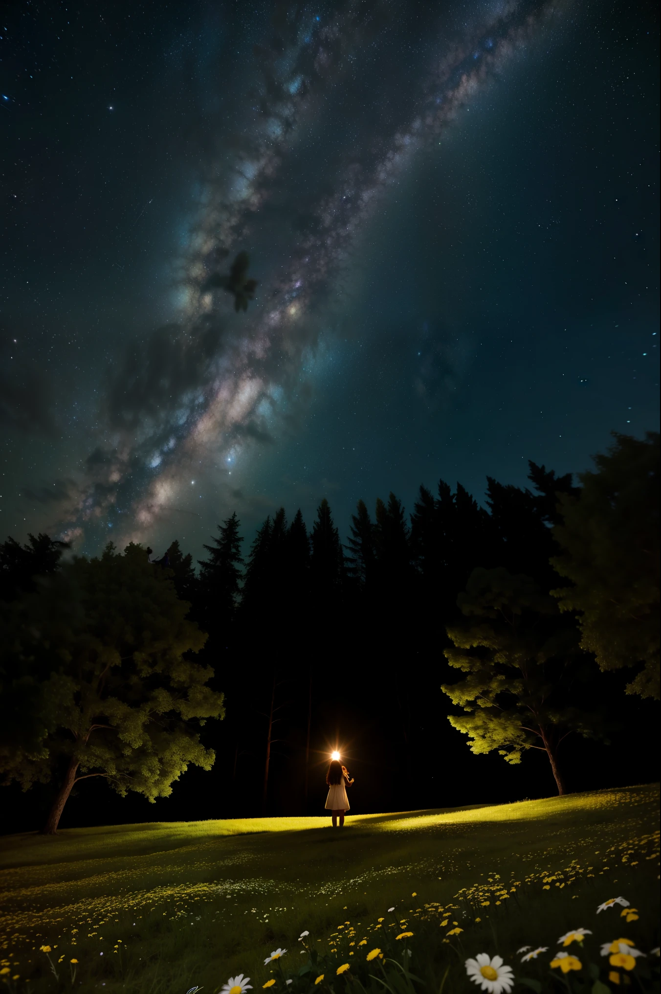 a girl on top of a hill, starry sky, view from below, flowering grass and trees,