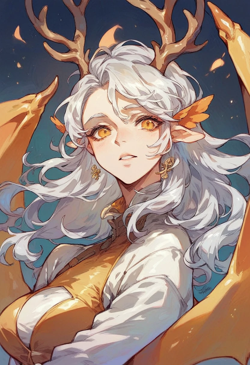 Brunette woman with platinum hair, golden eyes, dragon wings on the back, antlers,white leather clothing, golden leather.