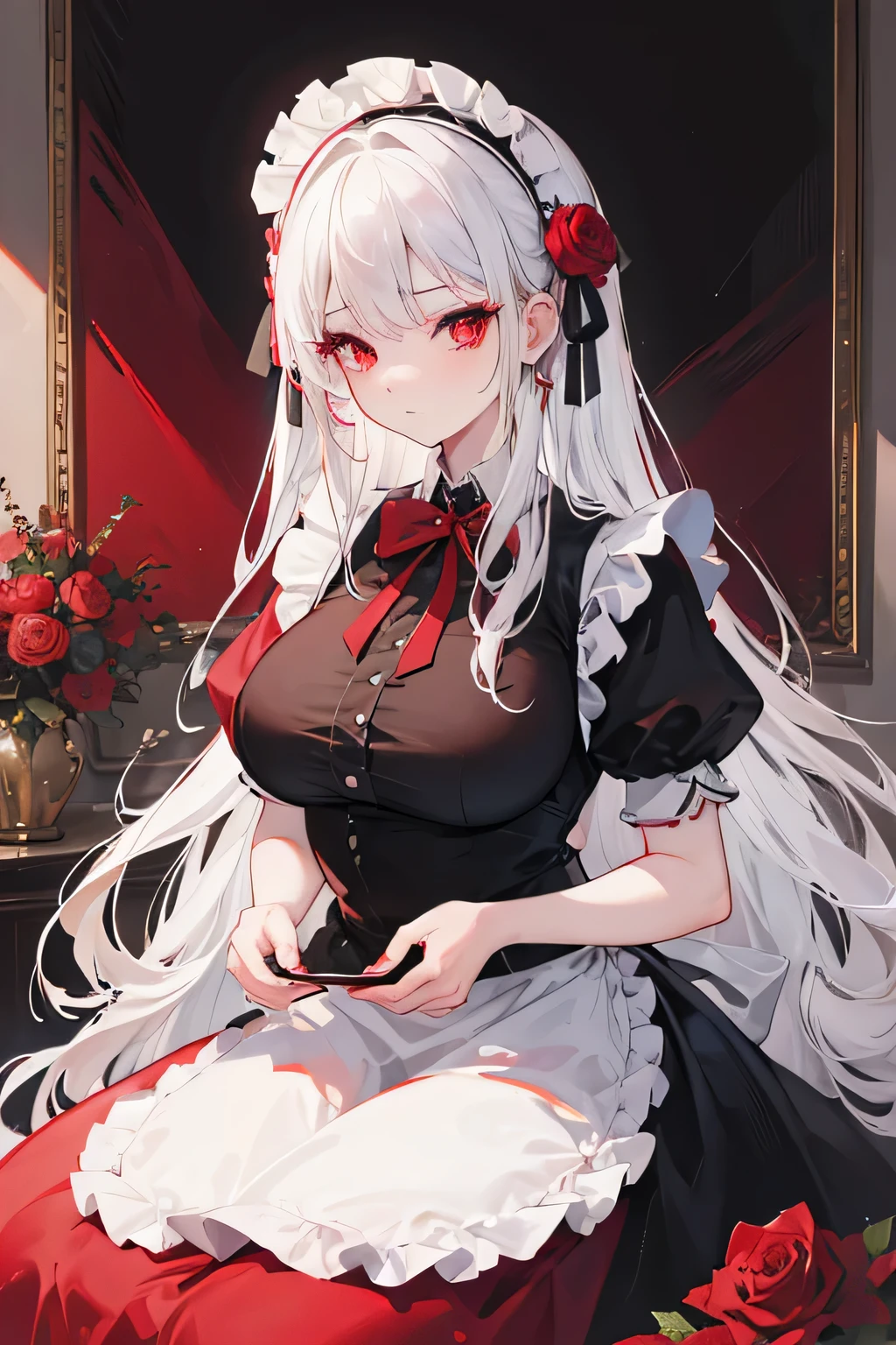 one woman, ((big: 1.4)), ((high resolution)), ((Masterpiece)), ((best quality)), (very detailed)), big_File size, Full color, Detailed background, long white hair, red Eyes, (eyeliner), maid, red, rose
