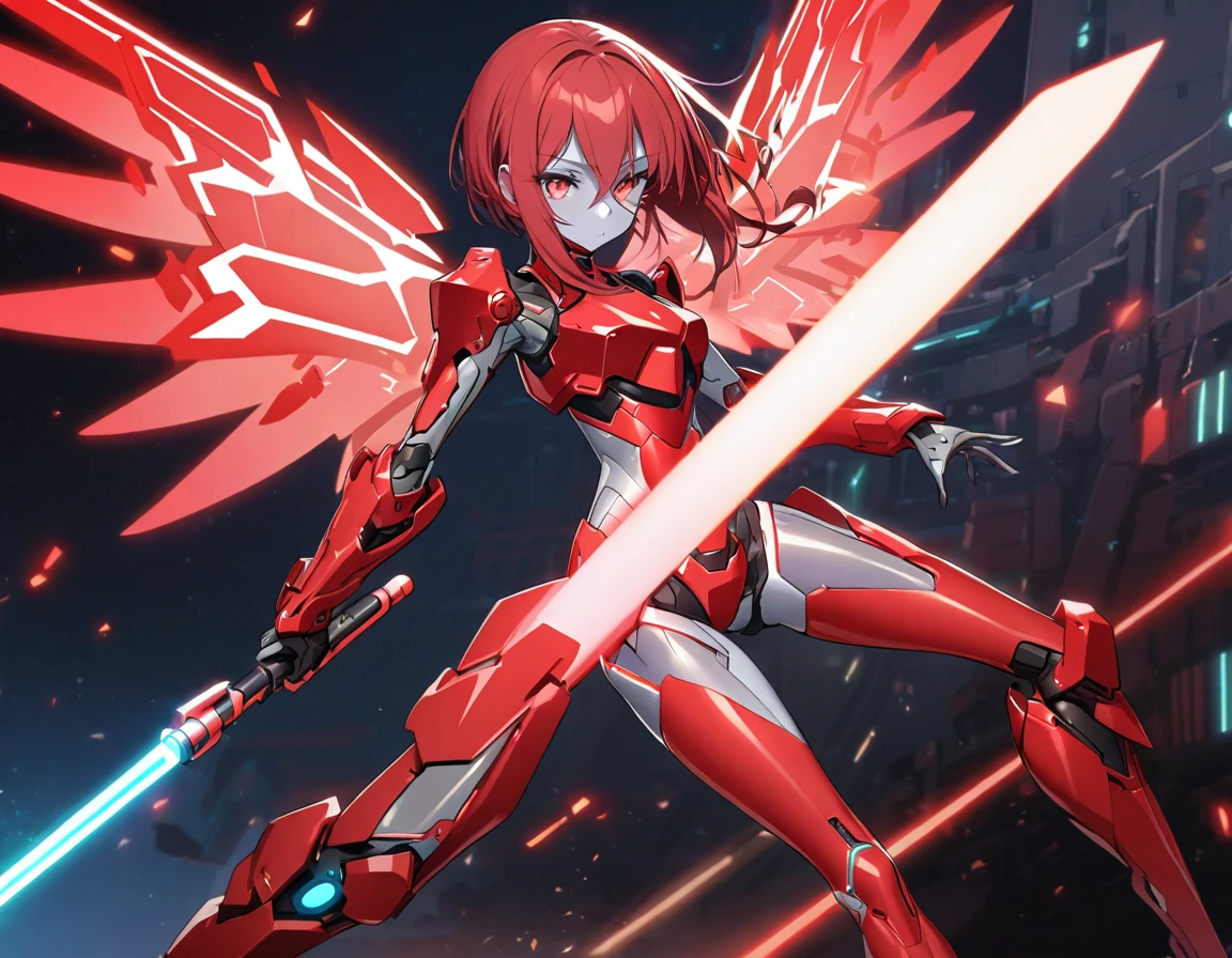 science fiction, android girl(metallic skin, cyber joint, red hair, red flash eyes, red armor legs, beam sword, shining wings)
