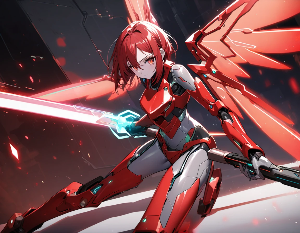 science fiction, android girl(metallic skin, cyber joint, red hair, red flash eyes, red armor legs, beam sword, shining wings)