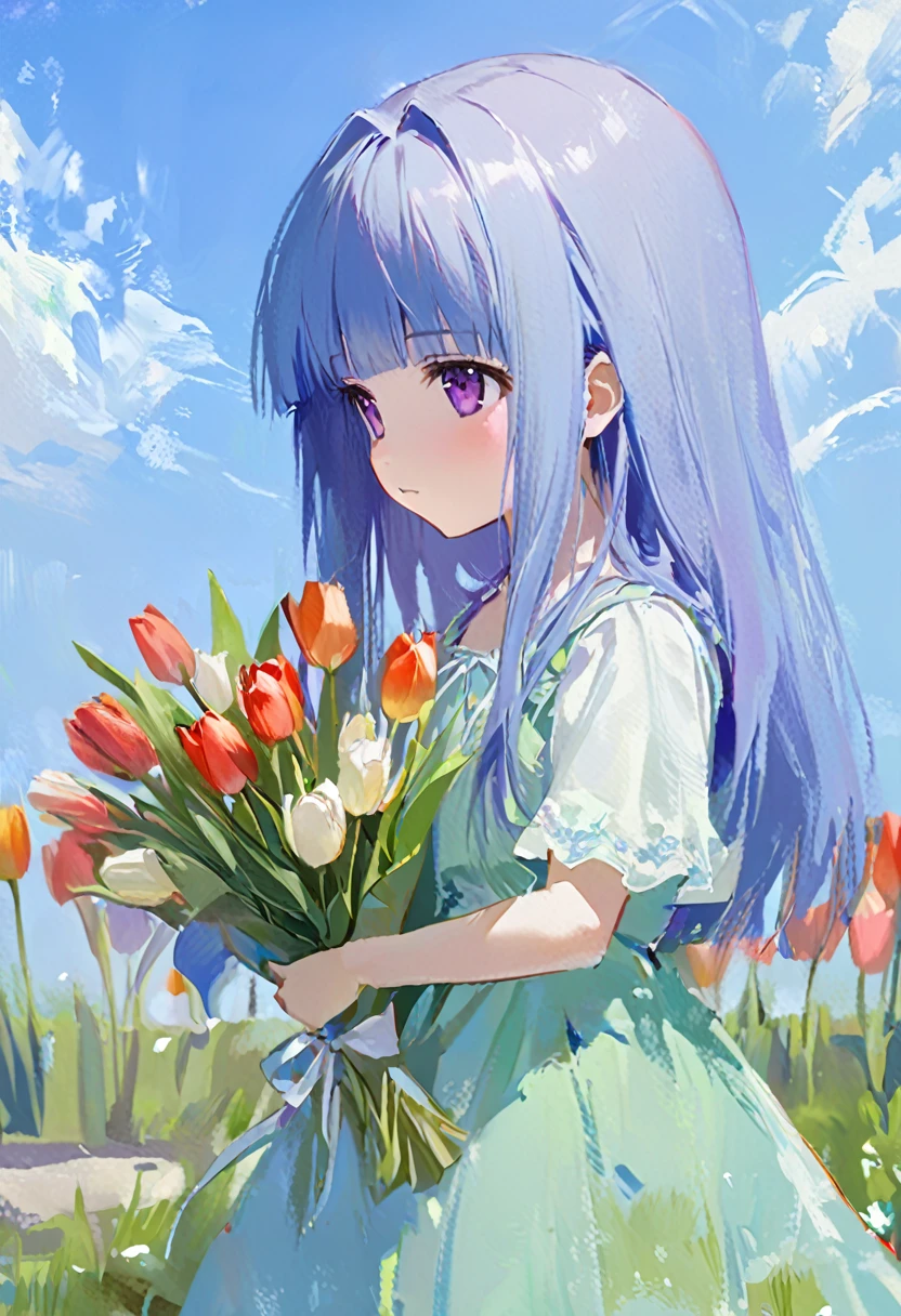 oil painting, (Rika Furude), bouquet, (Tulips), background, blue sky, White cloud, Green grassland, girl, alone, Blue Hair, Purple eyes, Long Hair, blunt bangs, bangs, 11 years old, green dress,