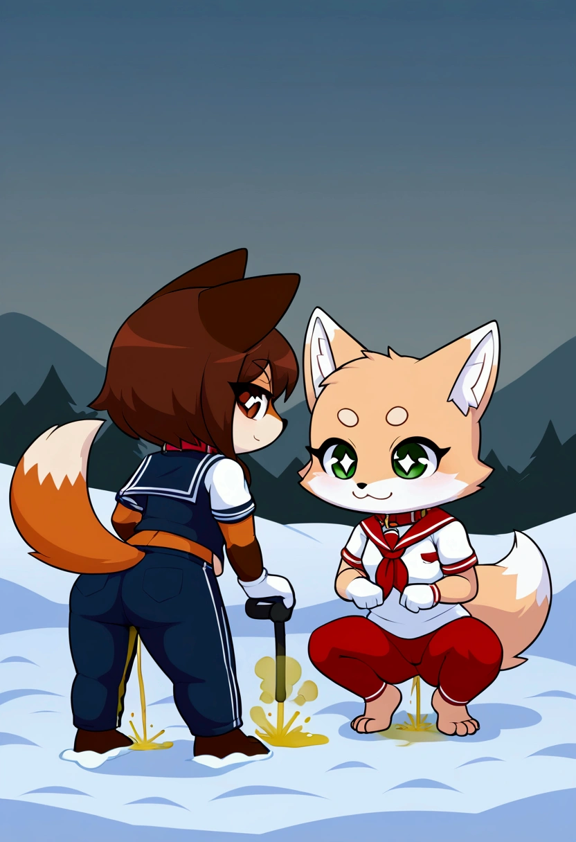 2girls, fox and tanuki, furry, bodyfur, tail, collar, sailor suit, short sleeves, jersey pants, long pants, white gloves, snow gloves, barefeet, chibi, sparkling eyes, full body, snow, squatting, looking back, fart, peeing