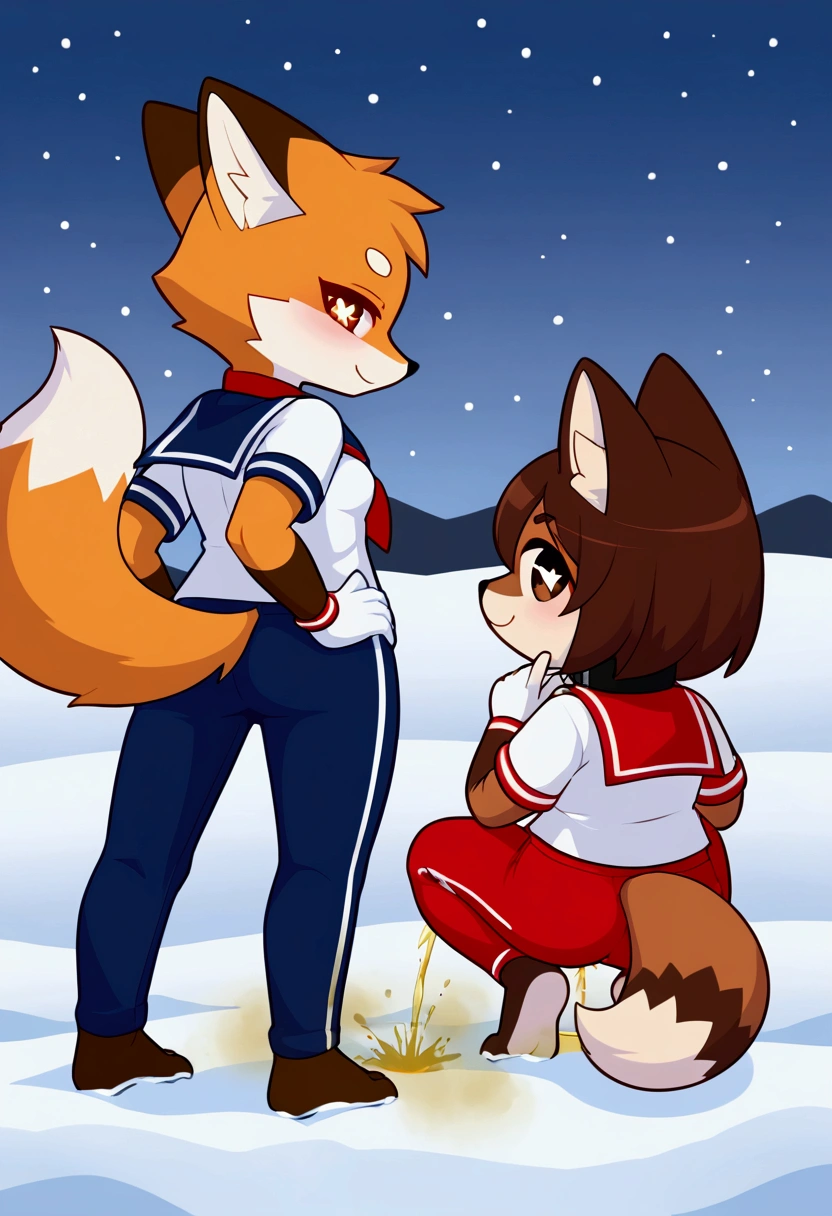 2girls, fox and tanuki, furry, bodyfur, tail, collar, sailor suit, short sleeves, jersey pants, long pants, white gloves, snow gloves, barefeet, chibi, sparkling eyes, full body, snow, squatting, looking back, fart, peeing