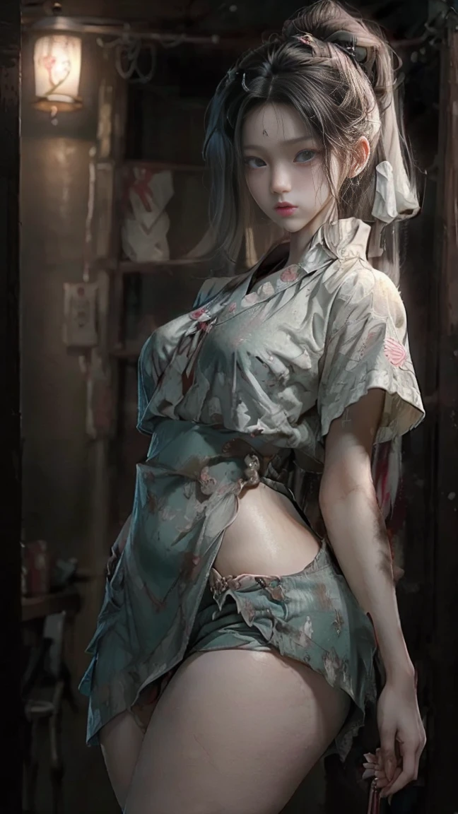 ((top quality, 8 thousand, masterpiece:1.3)) Two Korean women in their 20s,  Pale and white skin, Tangled black hair, Blood, severe dark circles, 피묻은 하얀 nurse복, black lips, Corruption, Fog,  dim lighting, nurse, abandoned hospital, torn clothes,  (big bust : 1.1), (thick thighs: 1.4), breasts exposet front, breasts exposet front, breasts exposet front, pussy exposet, pussy exposet, pussy exposet 