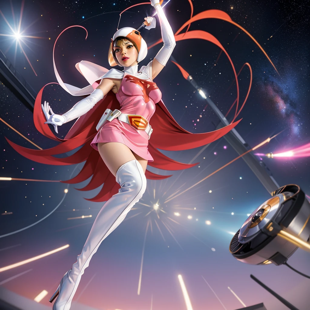 ANI_CLASSIC_jun_gatchaman_ownwaifu,1girl, 15yo,good anatomy, masterpiece, best quality, realistic, hyper realistic, 16k hdr, breasts, large breasts, lipstick, makeup, gloves, cape, helmet, belt, elbow gloves, white gloves, mask, ultra miniskirt, leotard, spacesuit, white tight overknee highheel boots, pink dress, superhero, bodysuit, cleavage, erected nipples,(sexy pose, from below:1.2),(spread legs:1.1),cameltoe