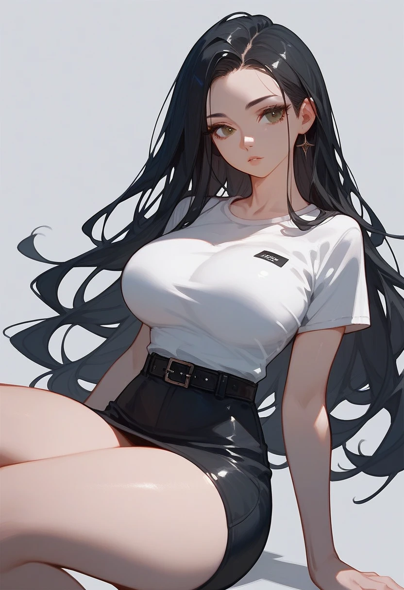 (score_9,score_8_up,score_7_up,score_6_up,score_5_up,score_4_up), 1girl, best quality, illustration, ((eyelashes)), solo, big breast, black hair, long hair ,straight hair, forehead, black skirt, black T-shirt, belt, thighs, simple background
