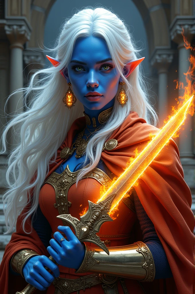 fantasy art, dnd art, RPG art, drkfntasy wide shot, (masterpiece: 1.4) portrait, intense details, highly detailed, photorealistic, best quality, highres, glowing particle portrait a vedalken female (fantasy art, Masterpiece, best quality: 1.3) (blue skin: 1.5), intense details facial details, exquisite beauty, (fantasy art, Masterpiece, best quality)cleric, (blue colored skin: 1.5) blue skinned female, (white hair: 1.3), long hair, intense green eye, fantasy art, Masterpiece, best quality) armed a fiery sword red fire, wearing heavy (white: 1.3) half plate mail armor CM-Beautiful_armor wearing high heeled laced boots, wearing an(orange :1.3) cloak, wearing glowing holy symbol GLOWING EARRINGS, within fantasy temple background, reflection light, high details, best quality, 16k, [ultra detailed], masterpiece, best quality, (extremely detailed), close up, ultra wide shot, photorealistic, RAW, fantasy art, dnd art, fantasy art, realistic art,