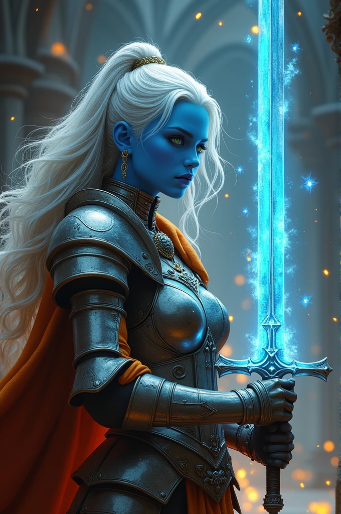 fantasy art, dnd art, RPG art, drkfntasy wide shot, (masterpiece: 1.4) portrait, intense details, highly detailed, photorealistic, best quality, highres, glowing particle portrait a vedalken female (fantasy art, Masterpiece, best quality: 1.3) (blue skin: 1.5), intense details facial details, exquisite beauty, (fantasy art, Masterpiece, best quality)cleric, (blue colored skin: 1.5) blue skinned female, (white hair: 1.3), long hair, intense green eye, fantasy art, Masterpiece, best quality) armed a fiery sword red fire, wearing heavy (white: 1.3) half plate mail armor CM-Beautiful_armor wearing high heeled laced boots, wearing an(orange :1.3) cloak, wearing glowing holy symbol GLOWING EARRINGS, within fantasy temple background, reflection light, high details, best quality, 16k, [ultra detailed], masterpiece, best quality, (extremely detailed), close up, ultra wide shot, photorealistic, RAW, fantasy art, dnd art, fantasy art, realistic art,