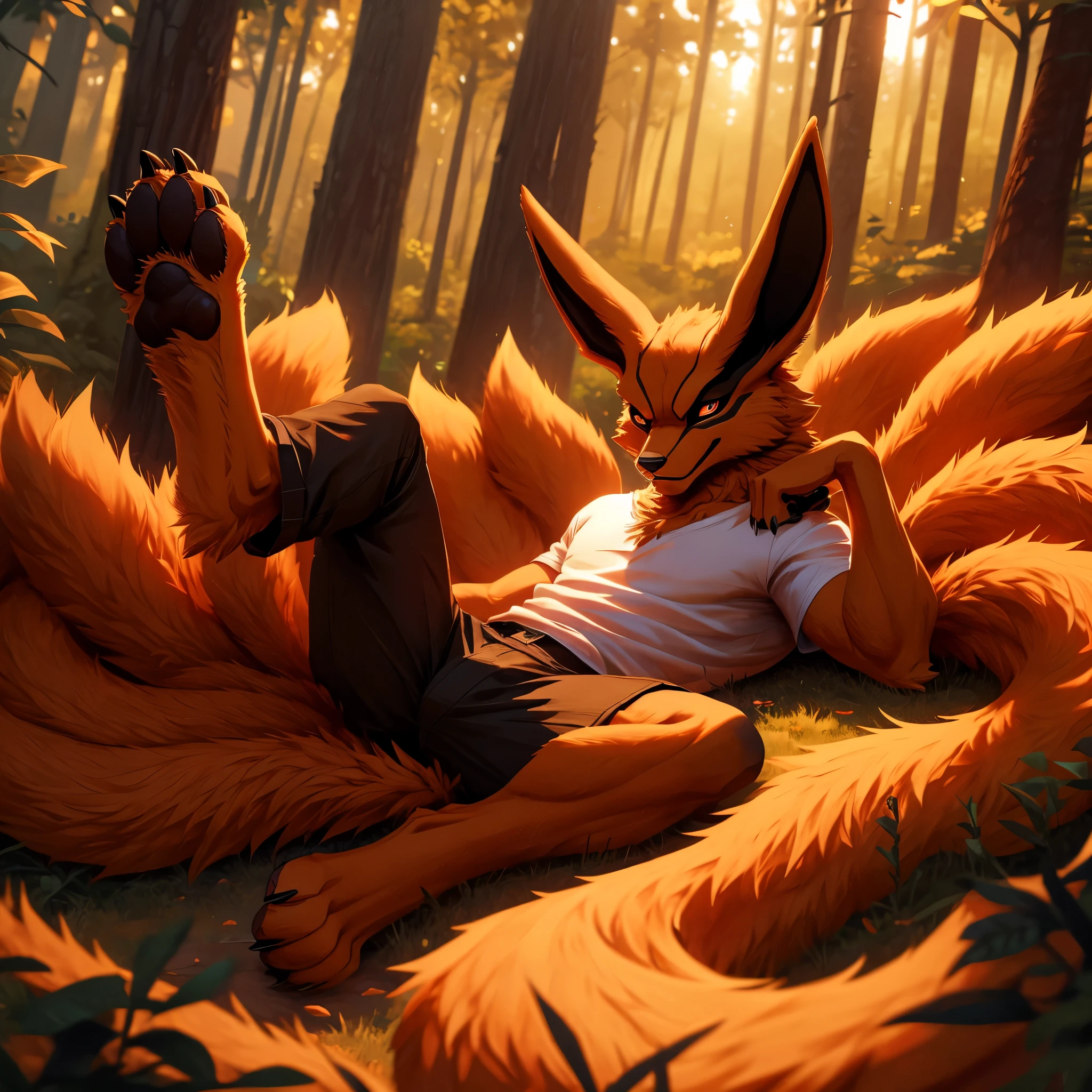 solo,(kurama),mature,male,fluffy furs,tails,handsome,toe claws,digitigrade,lying,legs_apart,pawpads,pants,t-shirt,clothing details,floating island,Cinematic Lighting,perfect lighting,(best quality),(masterpiece),(ultra detailed),sharp focus,(detailed eyes),depth of field,forest,day