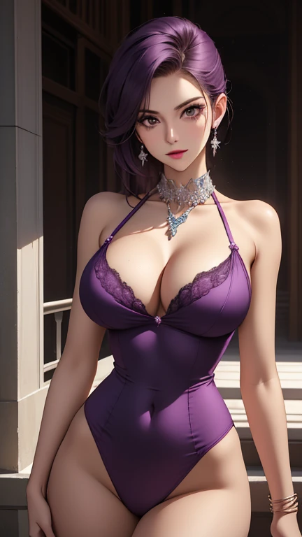 Linda, sexly, great, nervosa, Bullish, Scrawny, fit woman, complexo e Bullishmente detalhado, breasts big, firm and heavy, deep decolte, Purple Hair Bob, Body Current, diamond jewelry, Ablaze, Ablaze, WLOP, round prize , sexly , Amazing breasts