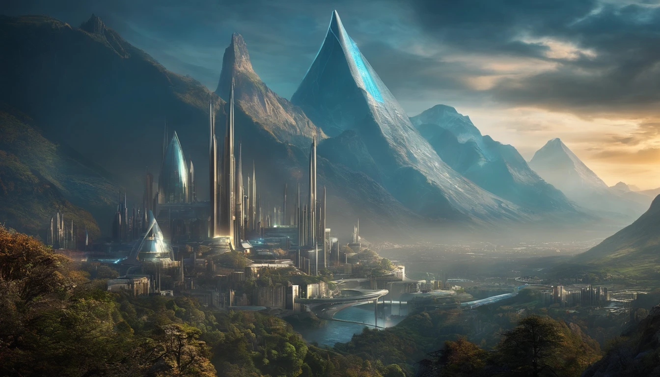 futuristic city, fantasy, 23rd century, England, mountains