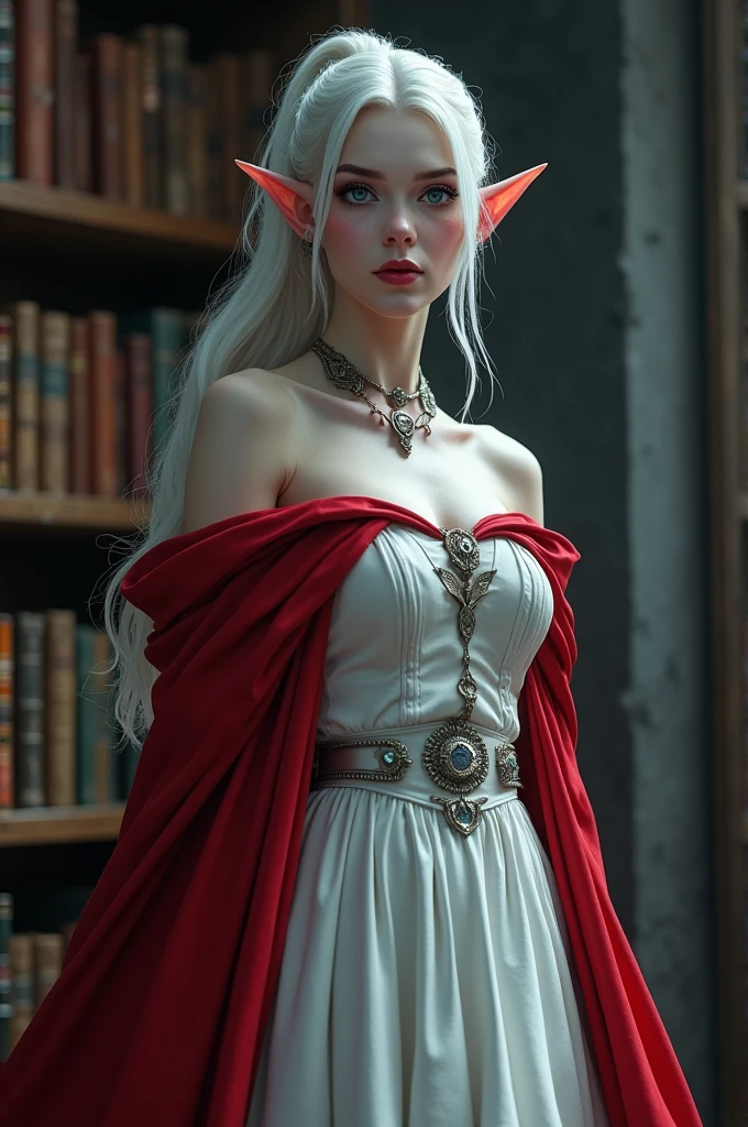 arafed a picture of elf vampire in her castle. an exquisite beautiful female elf vampire (ultra details, Masterpiece, best quality), (bloody mouth: 1.3), dynamic hair color hair, pale skin, hair in a ponytail, long hair, blue eyes, small pointed ears, cold eyes, smirking, wearing white dress (ultra details, Masterpiece, best quality), red cloak, in dark fantasy library, book shelves, arafed high details, best quality, 16k, [ultra detailed], masterpiece, best quality, (ultra detailed), full body, ultra wide shot, photorealism, RAW, dark fantasy art, gothic art, ArmoredDress, Dark Novel, Dark Art Painting Style, dripping blood, goth person