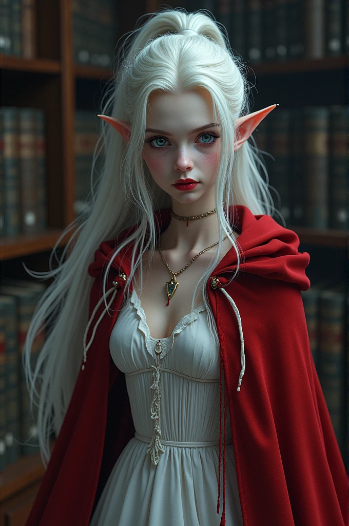 arafed a picture of elf vampire in her castle. an exquisite beautiful female elf vampire (ultra details, Masterpiece, best quality), (bloody mouth: 1.3), dynamic hair color hair, pale skin, hair in a ponytail, long hair, blue eyes, small pointed ears, cold eyes, smirking, wearing white dress (ultra details, Masterpiece, best quality), red cloak, in dark fantasy library, book shelves, arafed high details, best quality, 16k, [ultra detailed], masterpiece, best quality, (ultra detailed), full body, ultra wide shot, photorealism, RAW, dark fantasy art, gothic art, ArmoredDress, Dark Novel, Dark Art Painting Style, dripping blood, goth person