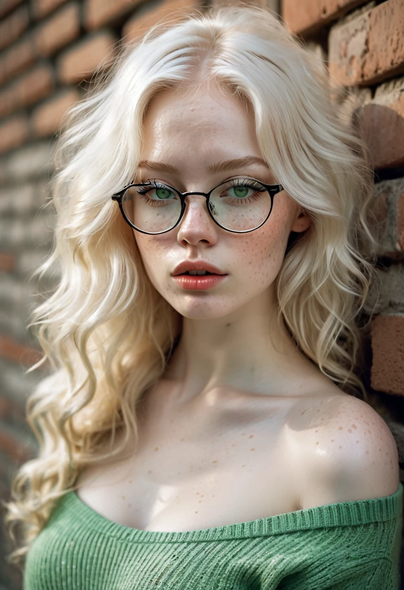 Rear view of 1 Russian Woman, legitimate albino, extremely thin and beautiful, perfect body, round ass, thin waist, wide hips, (well-shaped and delicate face with (freckles)), skin with highly detailed depth, is leaning against a brick wall, (hair over eyes, long, slightly messy and shiny, wavy blonde hair), (detailed, big bright eyes, light green eyes, curled eyelashes, big glasses), (sensual pout with mouth), wearing a short sweater showing the shoulders, (she is sweaty (shining with sweat)), ultra-realistic image, perfect symmetry, vibrant and sharp, dynamic vision, high quality, hyper-realistic and cinematic 32k.