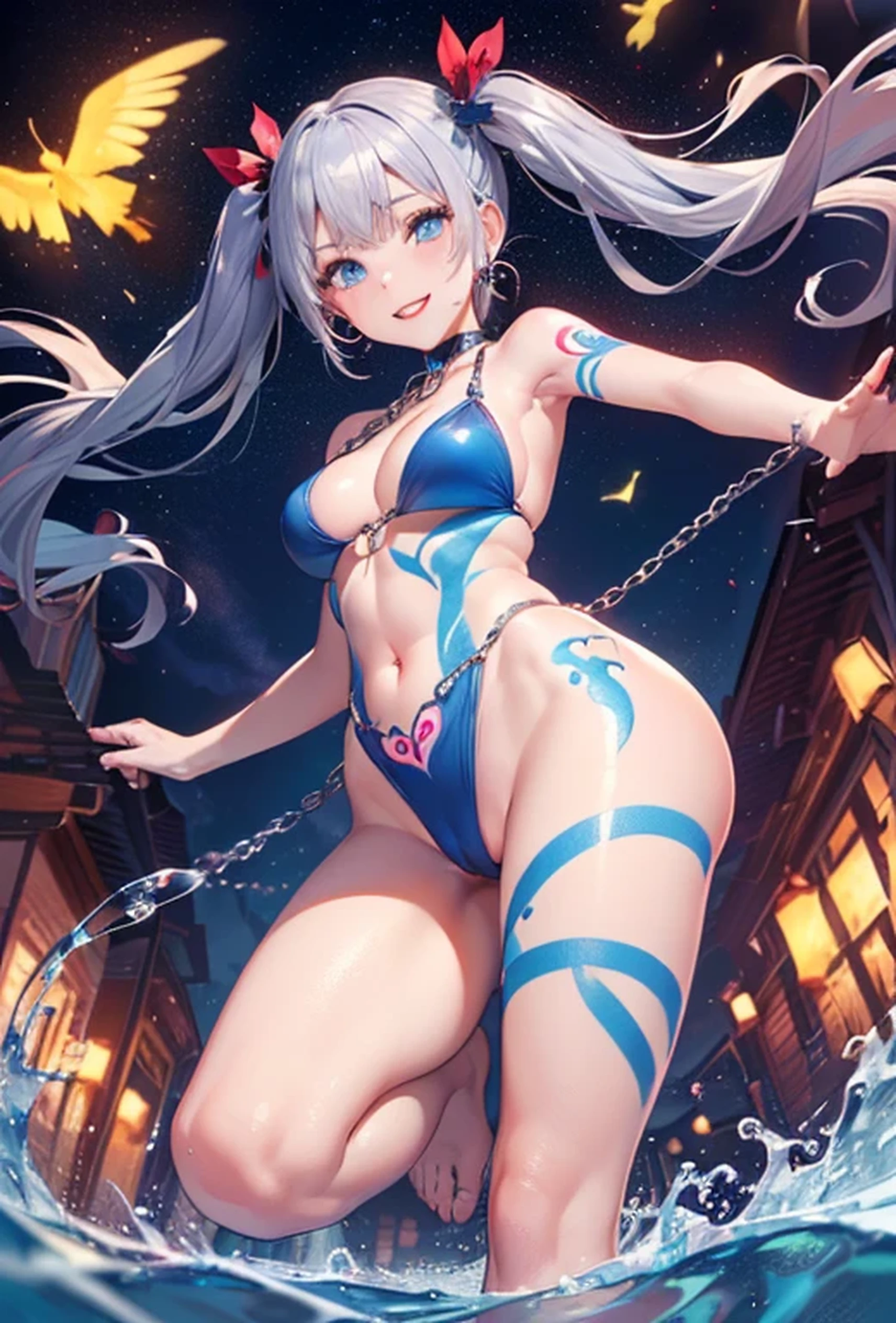 (Super detailed、Ultra-high resolution、8K masterpiece、Vibrant colors)、((Flat Color))、((Floating water))、Night Coast、Colorful Light、 A woman in a sexy swimsuit、(Angle from below)、(Silver chain body jewelry)、Jump、Random Sexy Poses、 ((body paint、Pop tattoo on thigh))、Big Breasts、 (Sexy swimsuit with a tight fit、choker)、cameltoe、Beautiful hip line、Butt、 (Twin tails、Red, vermilion, blue and silver hair、hair ornaments)、Beautiful blue eyes、Beautiful red lip、(fun、smile)、TWICE's Tzuyu' on pause