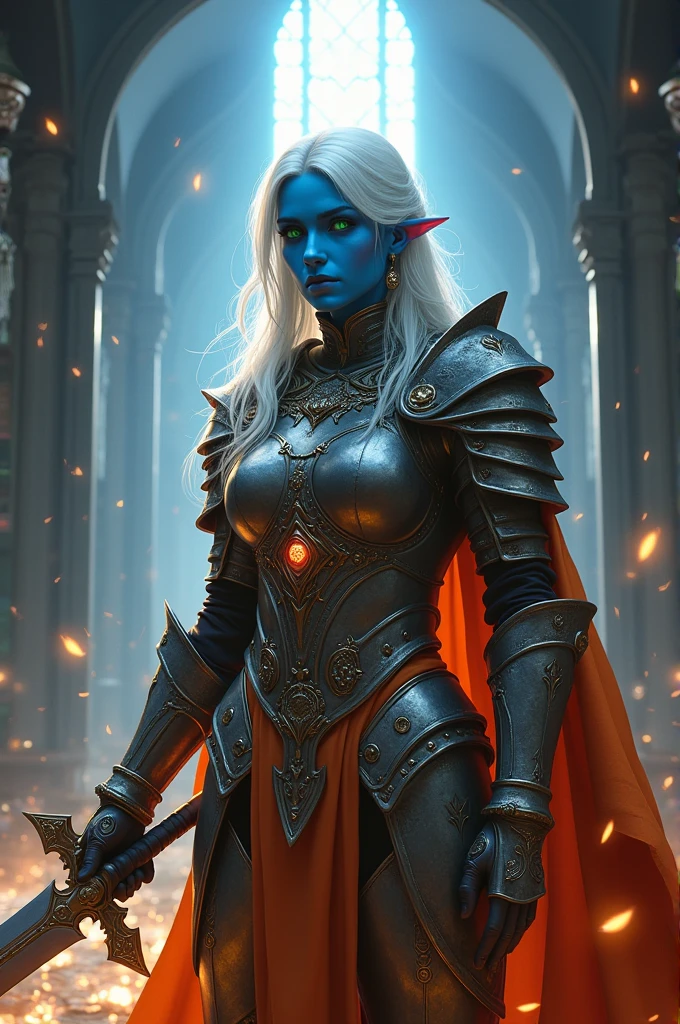 fantasy art, dnd art, RPG art, drkfntasy wide shot, (masterpiece: 1.4) portrait, intense details, highly detailed, photorealistic, best quality, highres, glowing particle portrait a vedalken female (fantasy art, Masterpiece, best quality: 1.3) (blue skin: 1.5), intense details facial details, exquisite beauty, (fantasy art, Masterpiece, best quality)cleric, (blue colored skin: 1.5) blue skinned female, (white hair: 1.3), long hair, intense green eye, fantasy art, Masterpiece, best quality) armed a fiery sword red fire, wearing heavy (white: 1.3) half plate mail armor CM-Beautiful_armor wearing high heeled laced boots, wearing an(orange :1.3) cloak, wearing glowing holy symbol GLOWING EARRINGS, within fantasy temple background, reflection light, high details, best quality, 16k, [ultra detailed], masterpiece, best quality, (extremely detailed), close up, ultra wide shot, photorealistic, RAW, fantasy art, dnd art, fantasy art, realistic art,