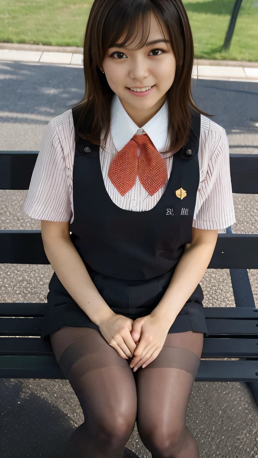 Highest quality、8k、masterpiece、Ultra-high resolution、Clear photos、Professional Lighting、Natural light、Realistic,、Highly detailed skin、Perfect Anatomy、(Beautiful Hands)、(Beautiful fingers)、One Woman、Age 25、Baby Face:1.8、Large Breasts、(Large areola)、Glamour、Bob Hair、Brown Hair、Beautiful Hair、smile、((((Star Uniform:1.1))))、((Black vest))、(Short sleeve shirt)、((Black tight mini skirt))、((Perfect Pantyhose:1.2))、((Black Pantyhose:1.1))、at the park、Sit on a bench、(((Sit with your legs wide apart)))、White panties are visible under the pantyhose