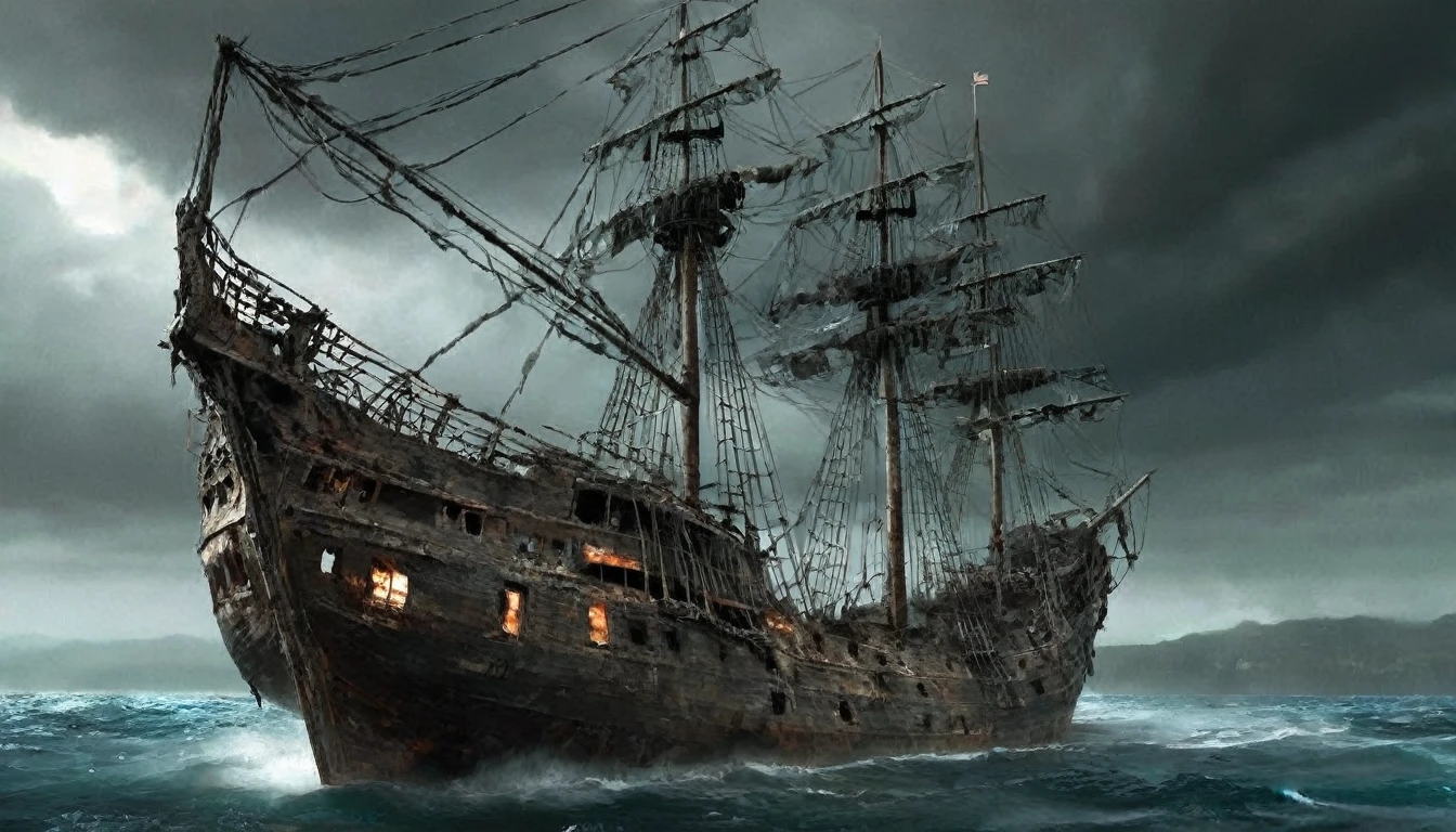 As a ghost ship, the Silent Mary was more like a wreck than a working ship. It looked worrisome because the sails were torn, but sailed at a godless speed, and the hull almost rotted up to resemble a large floating thoracic cage. Dark clouds gathered behind the ship, although the rest of the sky was clear. Salazar’s ship was like a sea monster, from which no pirate ship could escape, for its hull opened up like the mouth of a huge beast, then tearing its prey and drowning it.
By the time the Silent Mary became a ghost ship, the gangways and their guardrails collapsed in several places and were no longer usable, forcing the crew of the ship to cross directly to the main deck. The ship’s prow, located under the beaupré, showed a woman holding a spear. Like many other Spanish ships of the time, the Silent Mary had a Howler-Billed mast at the end of the Beaupré.
With her keel, bottom and lower decks almost entirely destroyed, her exposed members to the weather and many boards broken or missing, her sails in rags and all her mast broken, the Silent Mary was no more than a wreck. Under normal circumstances, any ship with such extensive damage would sink when it hits the water. However, defying the laws of physics, the Silent Mary continued to sail like a normal ship in sailing condition, even though it was more of a skeleton than a ship. Now a terrifying specter, she has become the main tool of Salazar’s revenge. Using his magic, Salazar could easily bend the bow of the ship to the rear and open the ship’s girders like the jaws of a giant sea monster. He then crushed the Silent Mary on the deck of an enemy ship, breaking it in half, while the Silent Mary, protected by Salazar’s magic, and despite its decrepit appearance, was apparently indestructible. Another aspect of the ship’s hull that could be transformed by Salazar’s will was the ability to animate the figurehead into a living, massive and apparently sensitive wooden monster that attacked enemies.