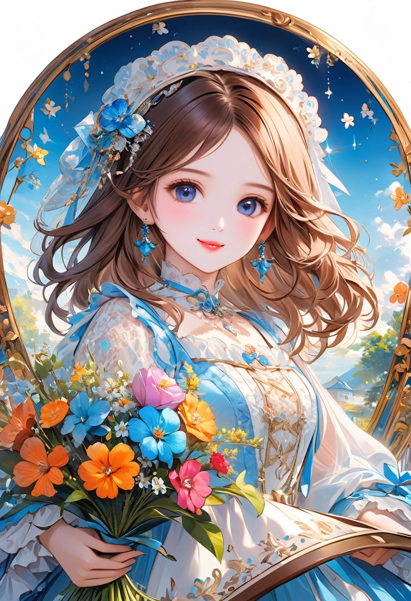 (masterpiece), (Highest quality), figure, Super detailed, High resolution, Depth of written boundary, (colorful), ,change,This is a masterpiece that exudes exceptional quality. The figure is ultra-detailed, Utilizing HDR technology to create a sense of depth. The subject is original, delicate, Beautiful artwork, Packed with colorful and fantastical elements. A calm and dreamy atmosphere、It gives the whole scene a soulful and enchanting feel.。. Her bright complexion, Sparkling Blue Eyes, Her brown hair adorned with flowers makes for a captivating portrait.. She wears Lolita-style fashion., Smile. The background is white, transparent, Circular Options, Brown permed hair、