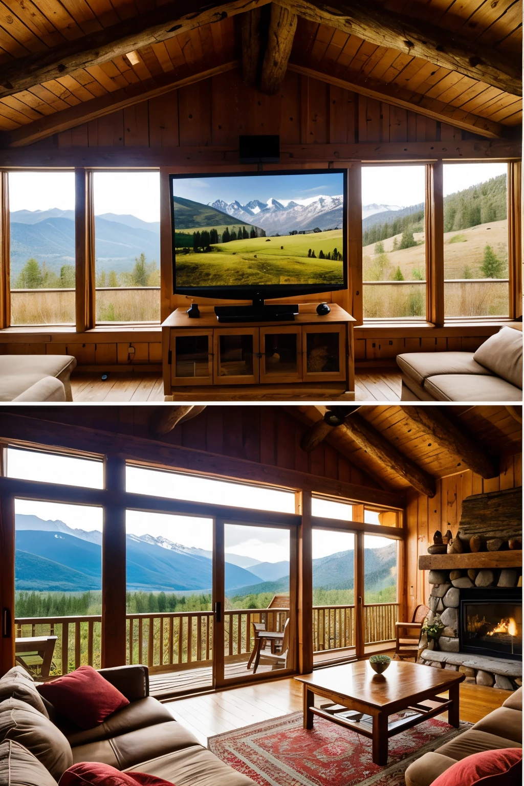 Imagine a cozy living room in a house located in a beautiful mountainous area. In the center of the room, There is a flat screen TV showing a high definition image of an exciting video game. Vibrant colors and sharp details make for an immersive gaming experience.
The TV is connected to a Wi-Fi network that receives a satellite signal, allowing for a fast and stable connection, despite remote location. Through the window, you can see the majestic mountains and the clear sky, creating a perfect contrast between modern technology and the natural beauty of the environment.
The room is decorated in a rustic style, with wooden furniture and a fireplace that adds warmth to the environment. In the air, you feel a mix of excitement for the game and the tranquility offered by the surrounding nature.