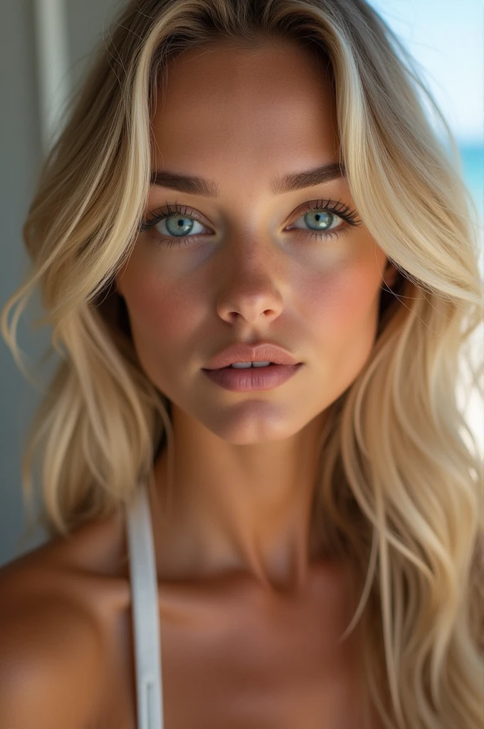 woman completely fucked , Sexy girl with blue eyes, ultra realistic, meticulously detailed, Retrato Sophie Mudd, blonde hair and large eyes, selfie of a young woman, Olhos do quarto, violet myers, no-makeup, Make-up natural, looking directly at the camera, guy with artgram, subtle makeup,  medium to large bust, put her lying full body on the beach
