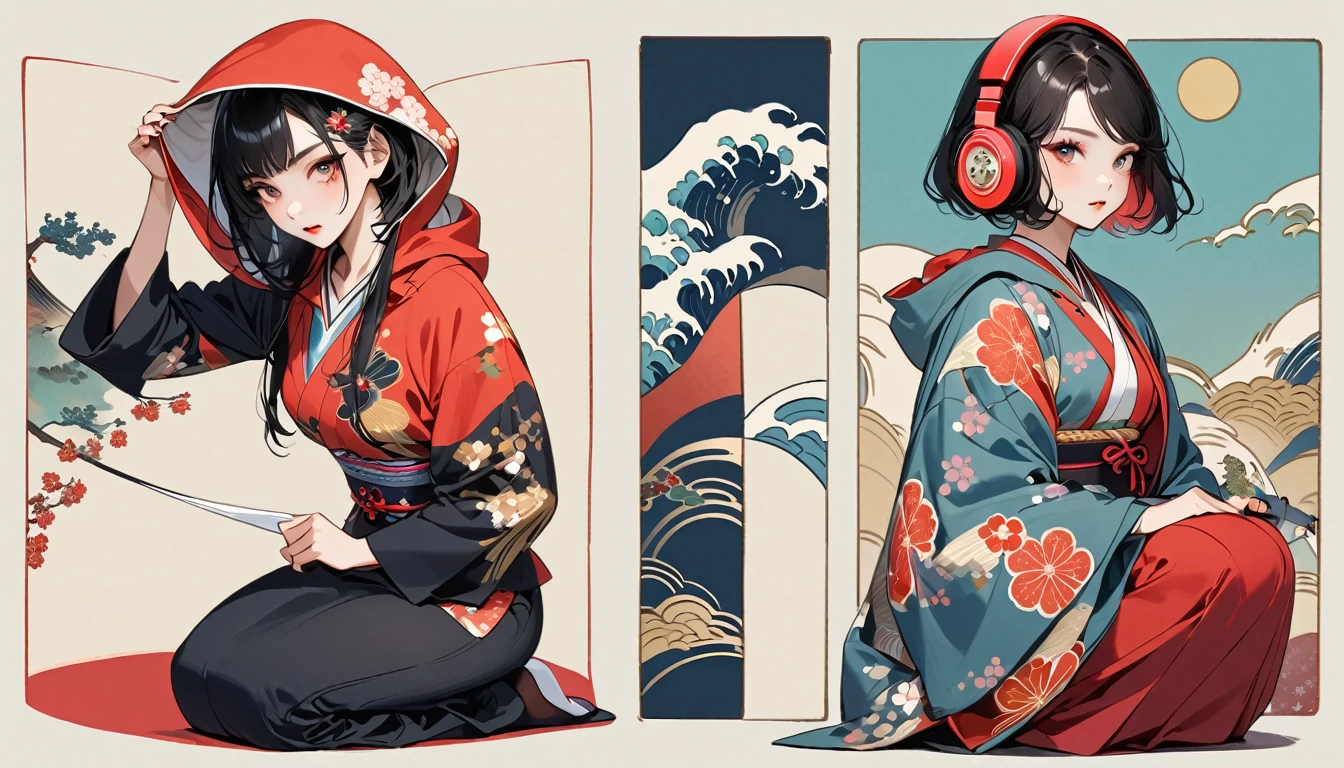(((girl))), (((seiza))), (((whole body))), (((Flashy makeup))), (((Japanese style headphones))), (((Japanese pattern hoodie))), (((Wear a hood))), Japan人の美少女, Black Hair, Bob, Delicate and precise, Modern ukiyo-e style,Japan, Japanese flag, Bright colors