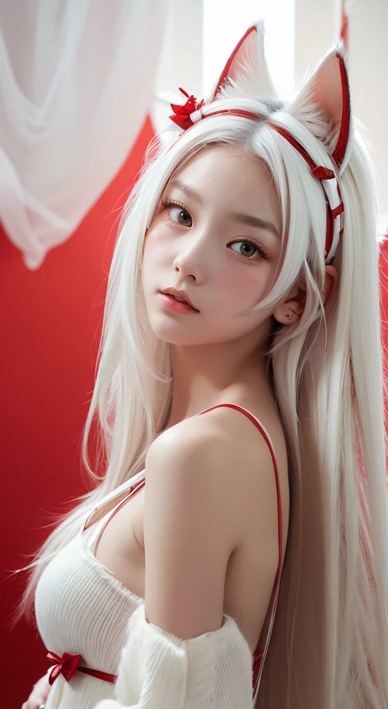 masterpiece, highest quality , enlightenment,1 perfect portrait of a girl, A fascinating eye for perfect detail, colorful hair, (Red+white soft hair:1.6), (Cat ears:1.3), Fantasy red background, {exposed bare shoulders} ,{long-term alienation_sleeve}, {lean forward a little}, If you look up, hair ornaments, {shy },please shut your mouth, head tilt, movie lighting, oversized clothes, ((seductive pose)), 