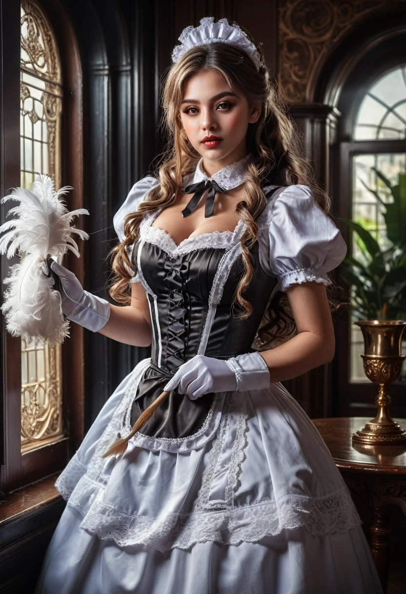 Maid Outfit, a beautiful maid with long flowing hair, detailed eyes, detailed lips, extremely detailed face, long eyelashes, intricate maid uniform with lace and ribbons, holding a feather duster, standing in a luxurious victorian-style room, window light, dramatic lighting, cinematic composition, highly detailed, photorealistic, 8k, masterpiece